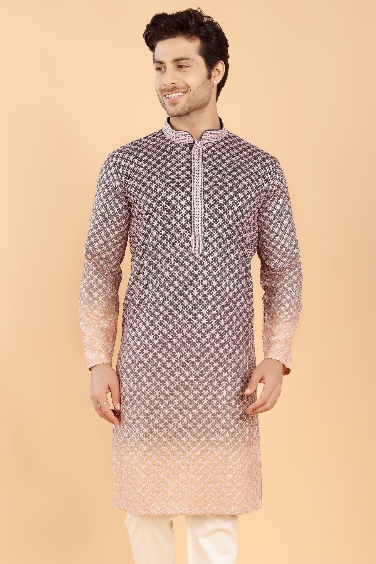 Green ombre kurta with pink embroidery