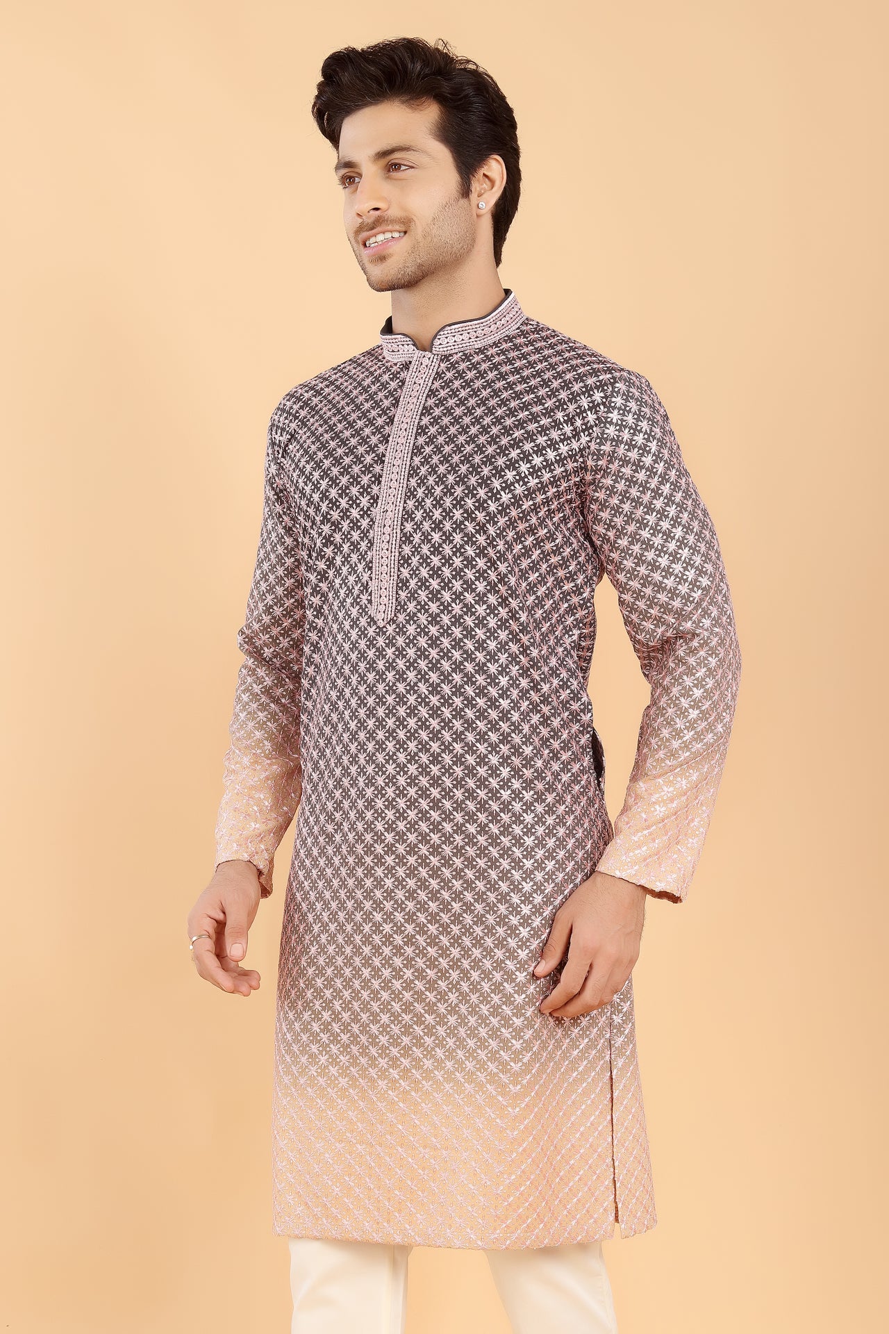Green ombre kurta with pink embroidery