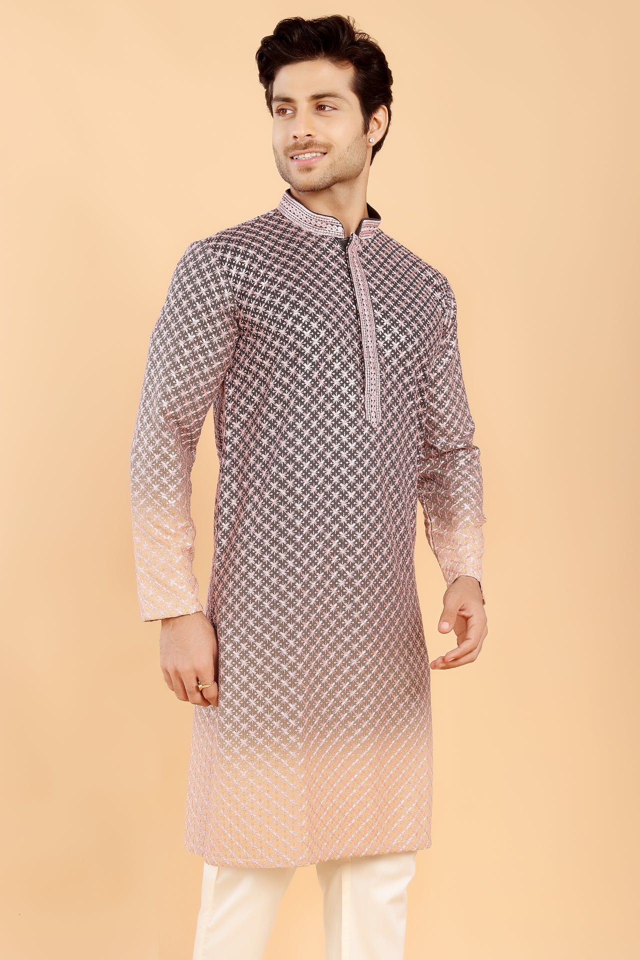 Green ombre kurta with pink embroidery