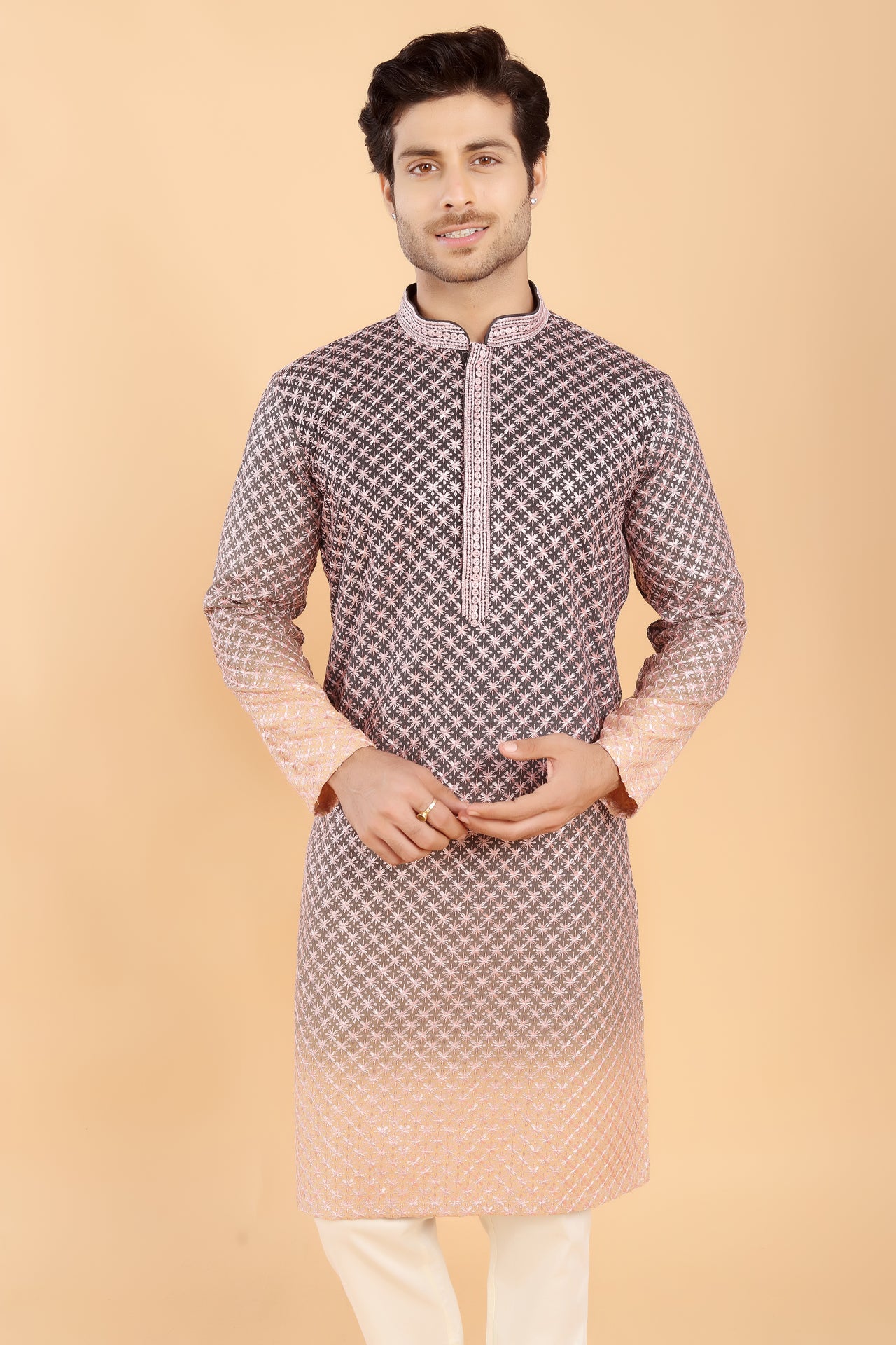 Green ombre kurta with pink embroidery