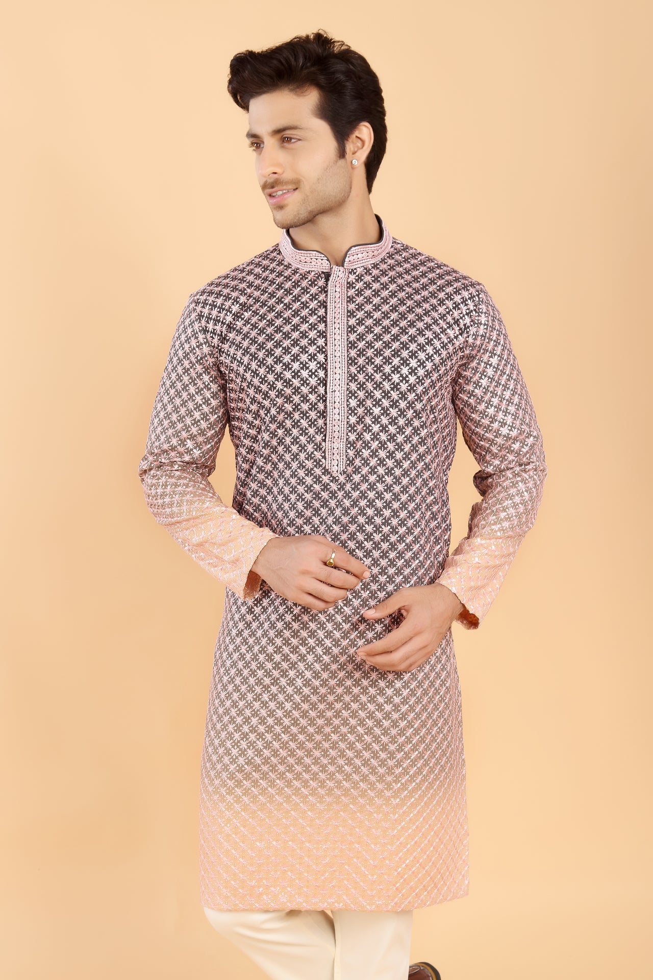 Green ombre kurta with pink embroidery