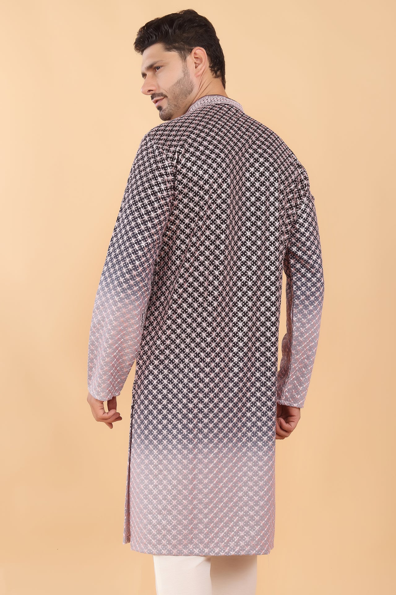 Navy blue ombre kurta with pink embroidery