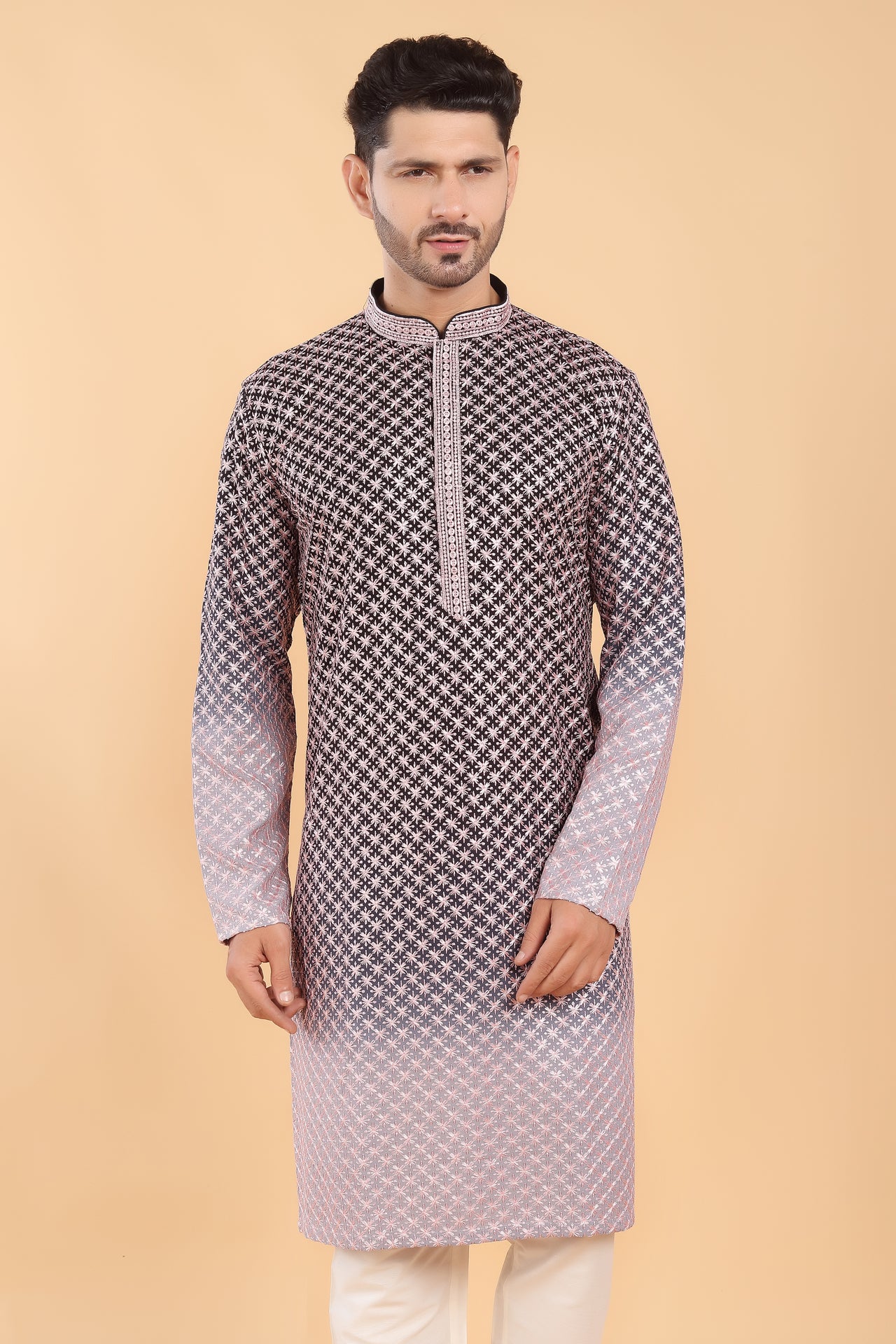 Navy blue ombre kurta with pink embroidery