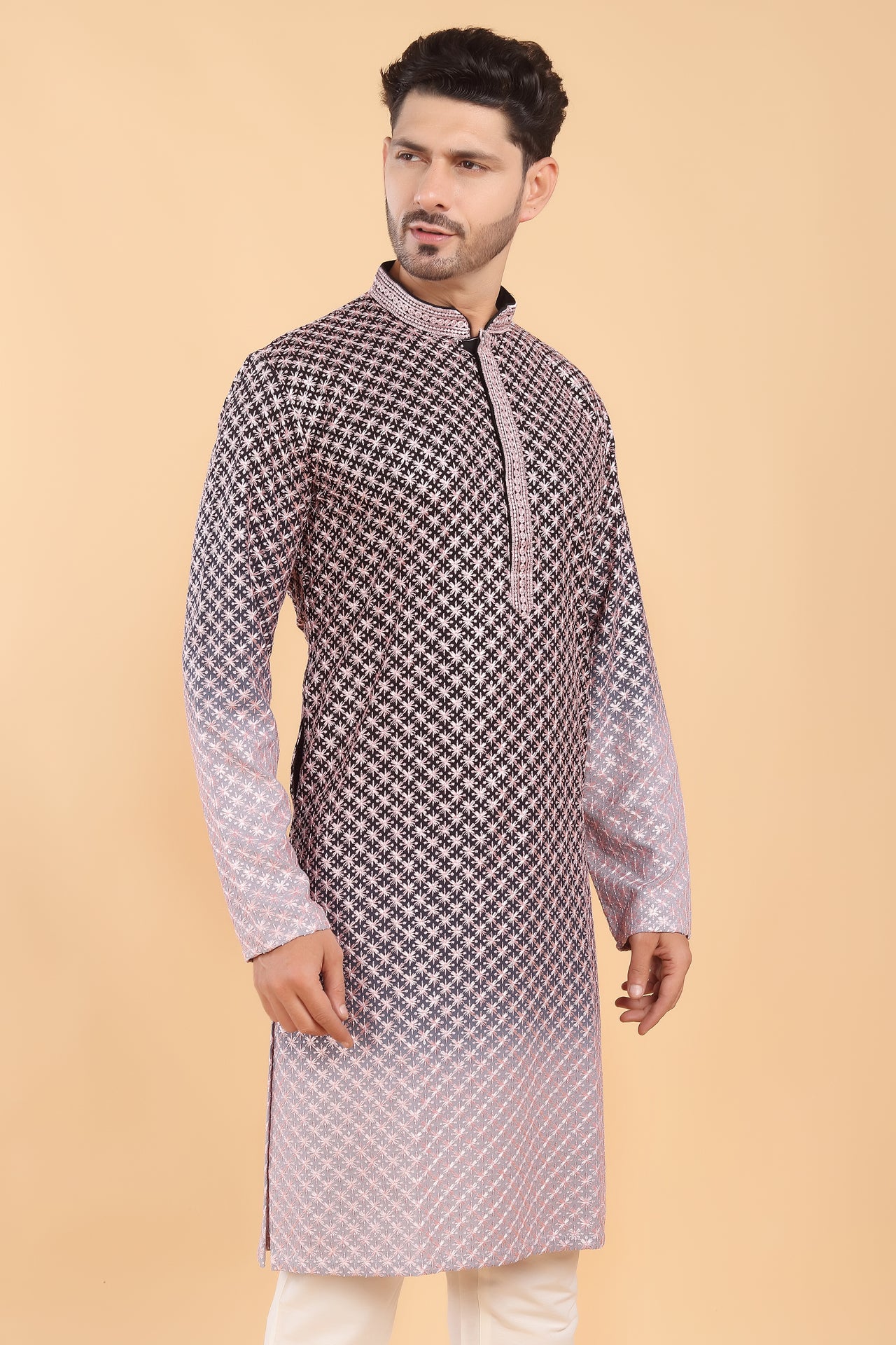 Navy blue ombre kurta with pink embroidery