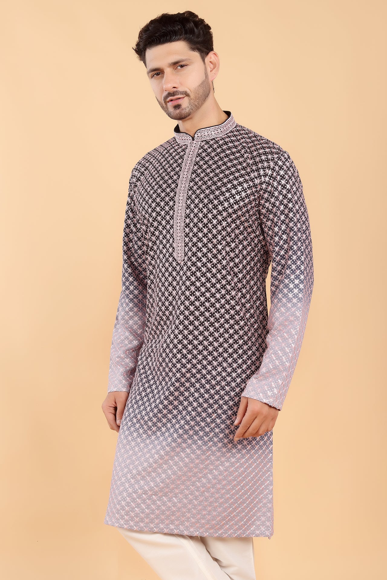 Navy blue ombre kurta with pink embroidery