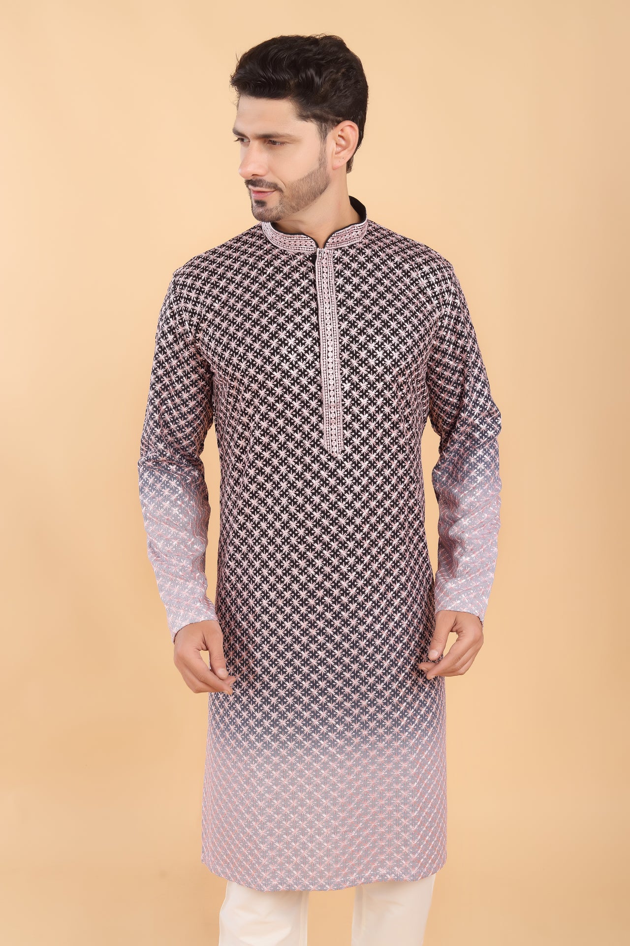 Navy blue ombre kurta with pink embroidery