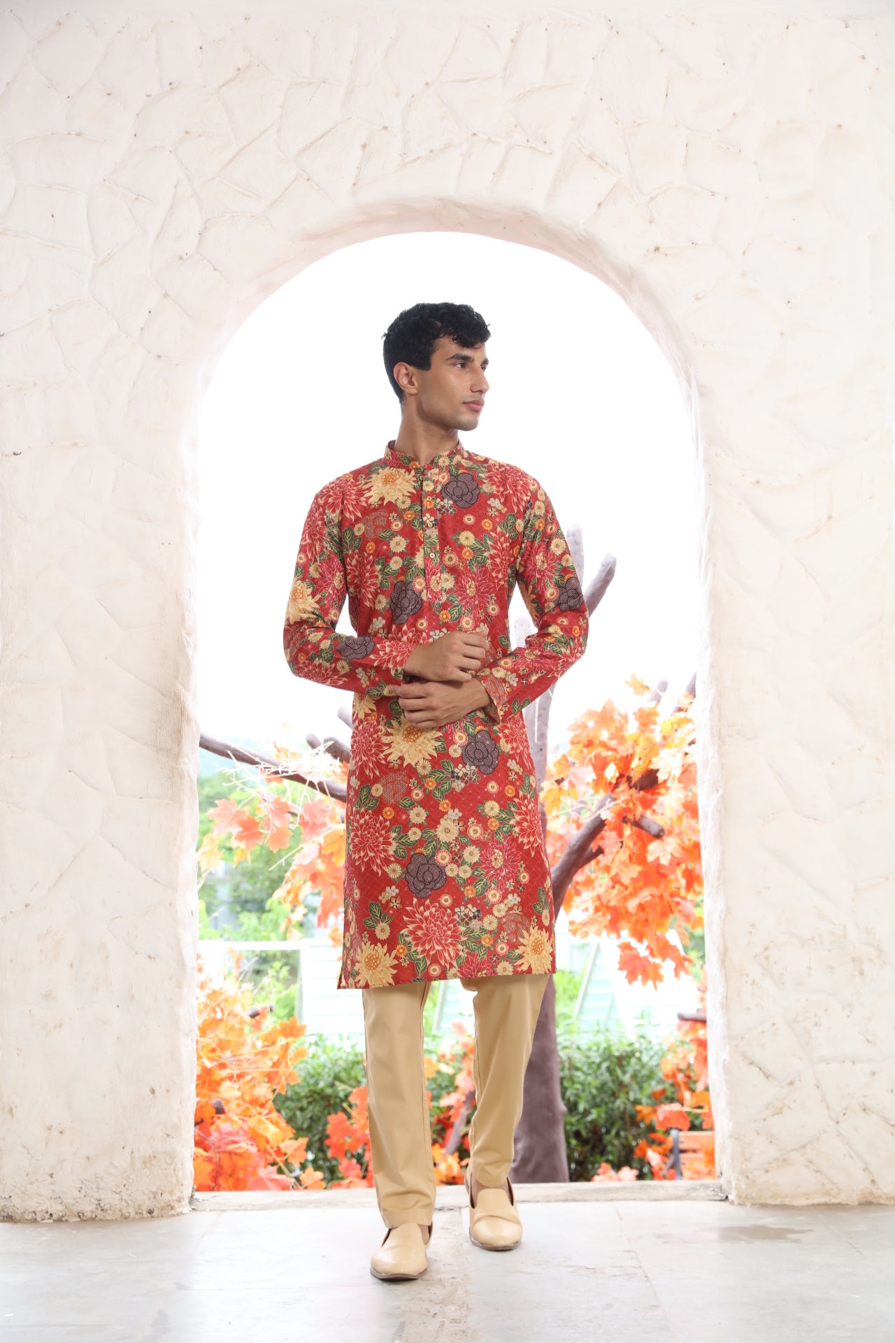 Deep-Red Floral Printed Kurta