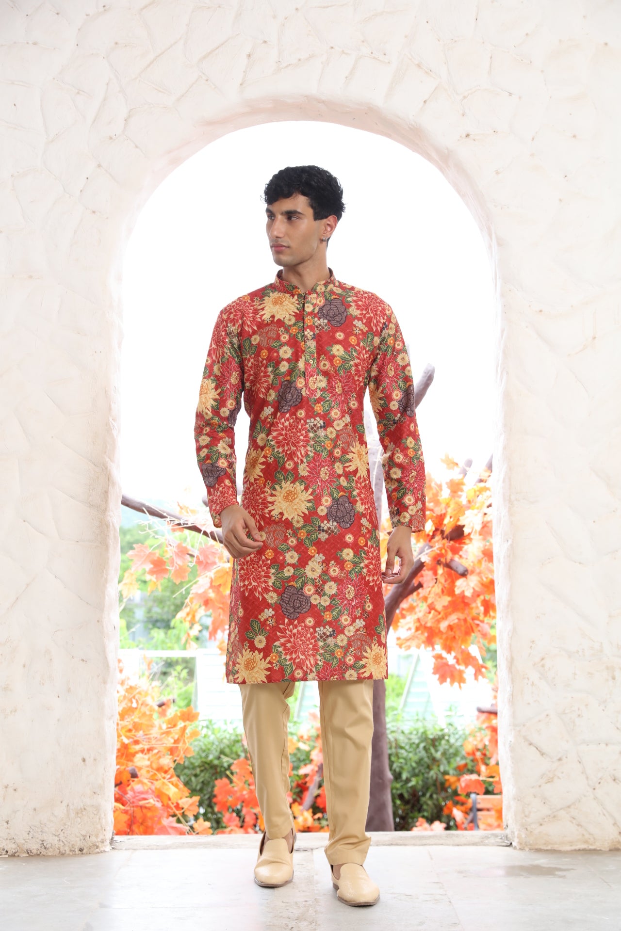 Deep-Red Floral Printed Kurta