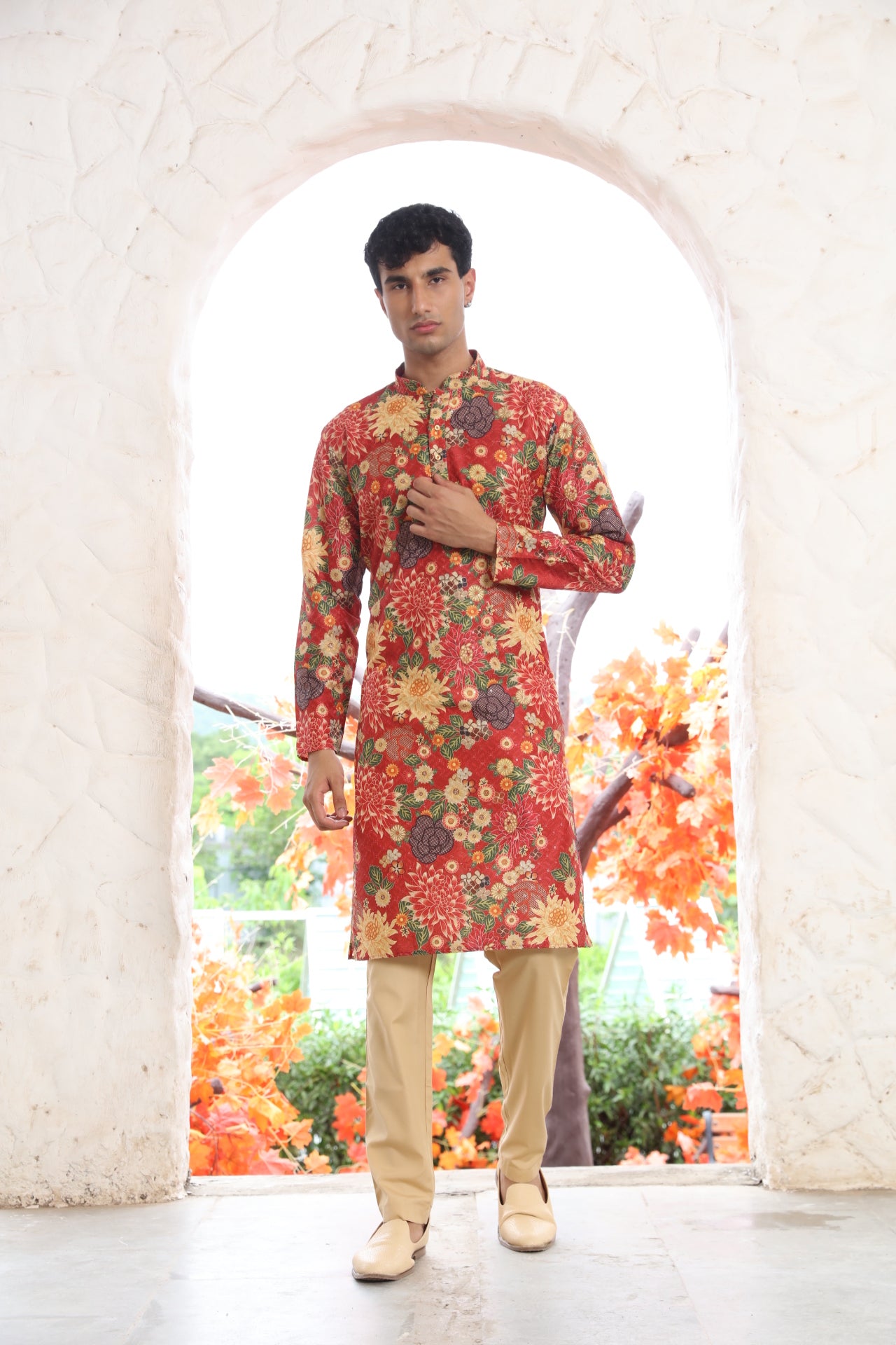 Deep-Red Floral Printed Kurta