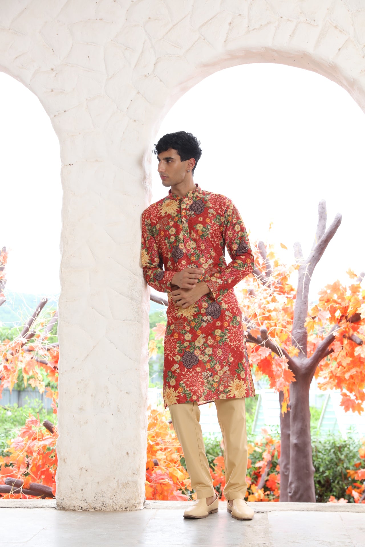 Deep-Red Floral Printed Kurta