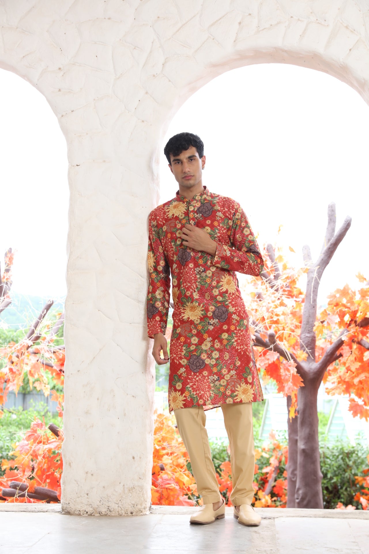 Deep-Red Floral Printed Kurta