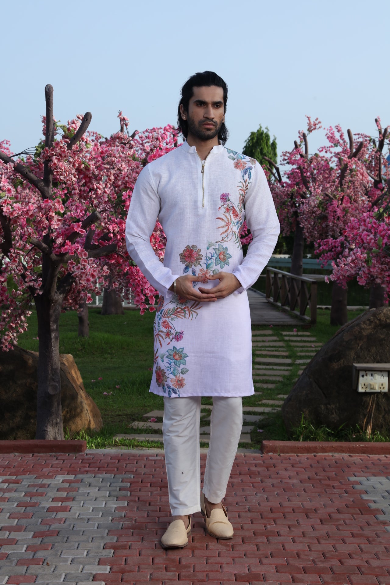 White Diagonal Floral Printed Kurta