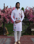 White Diagonal Floral Printed Kurta