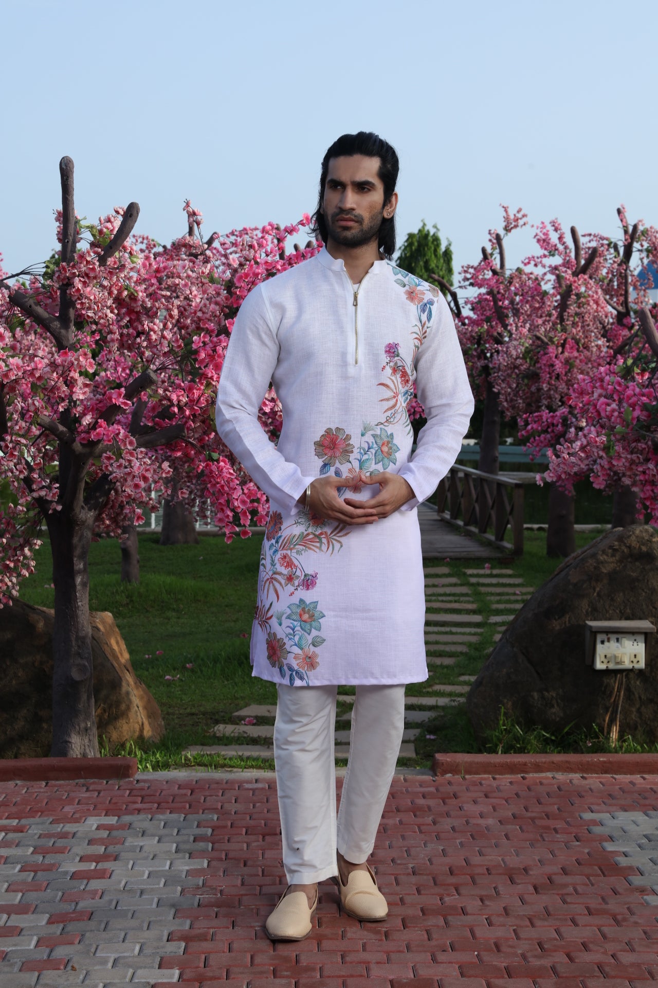 White Diagonal Floral Printed Kurta