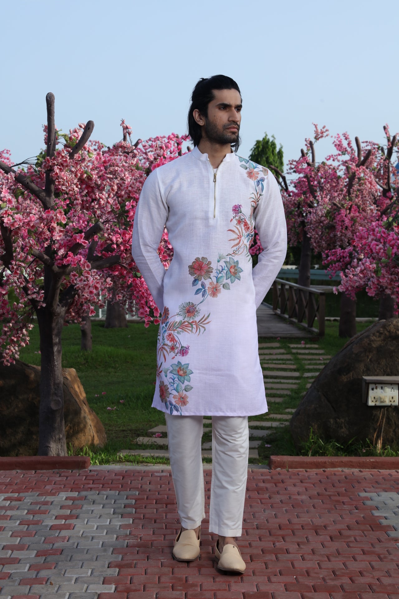 White Diagonal Floral Printed Kurta