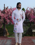 White Diagonal Floral Printed Kurta