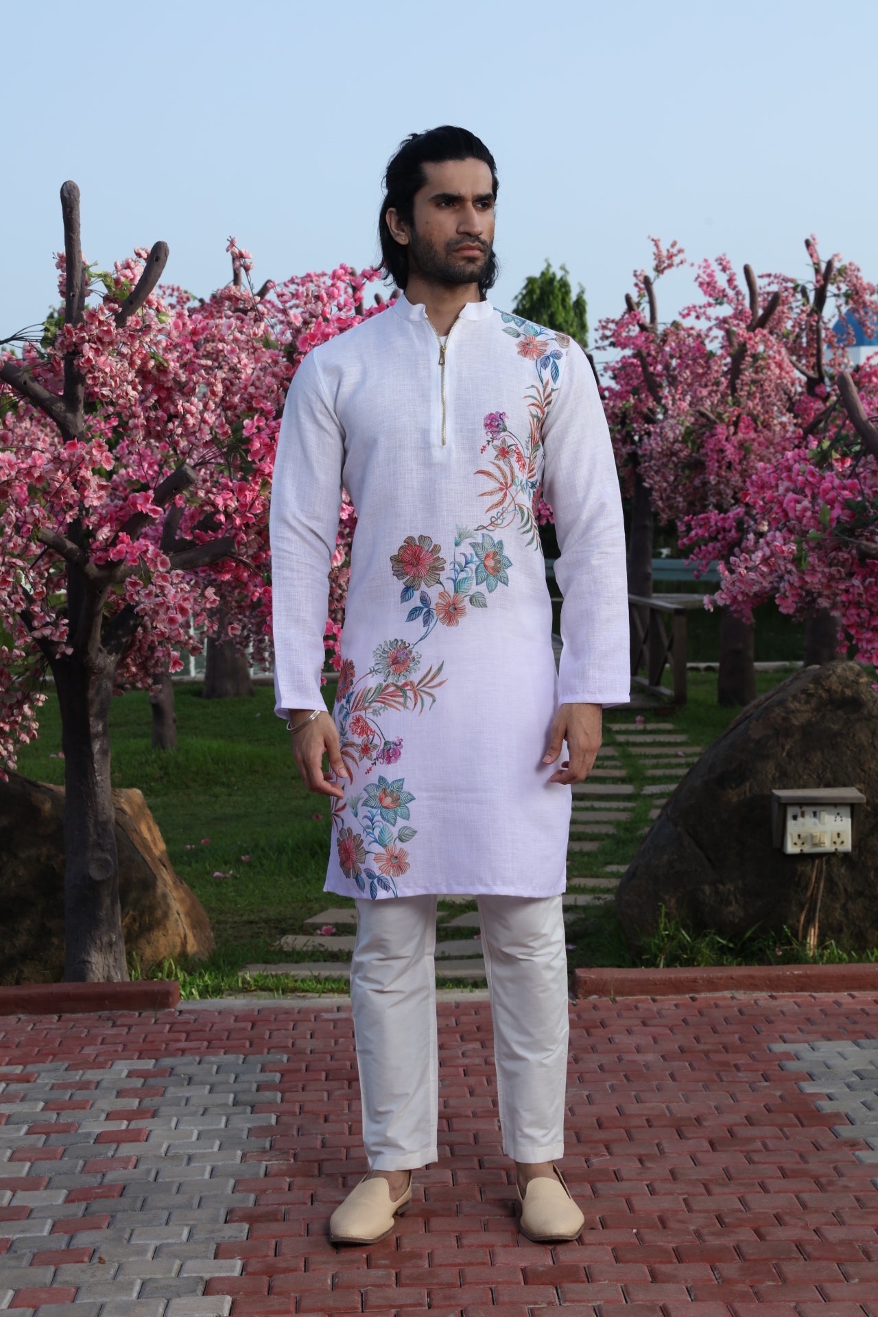 White Diagonal Floral Printed Kurta
