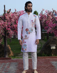 White Diagonal Floral Printed Kurta