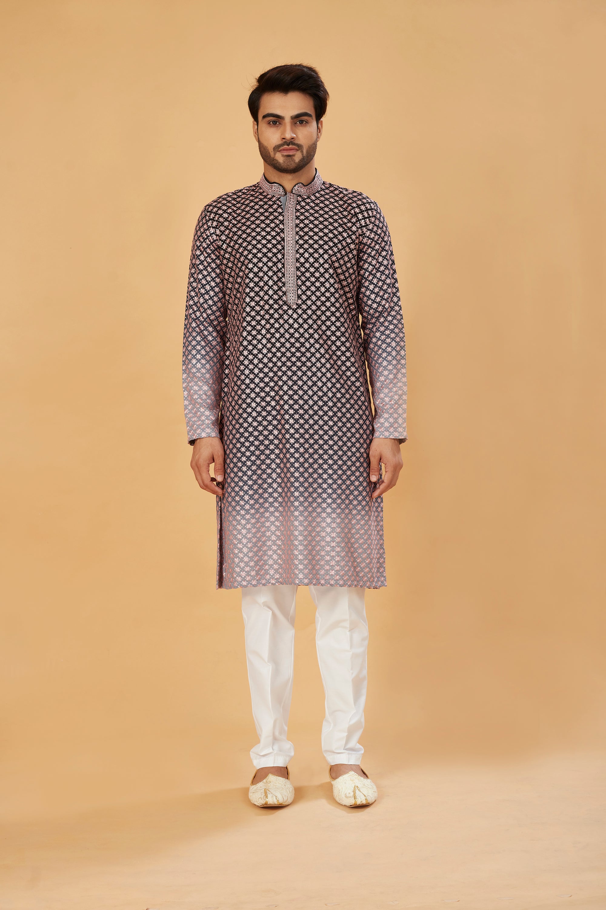 Black ombre kurta with pink embroidery