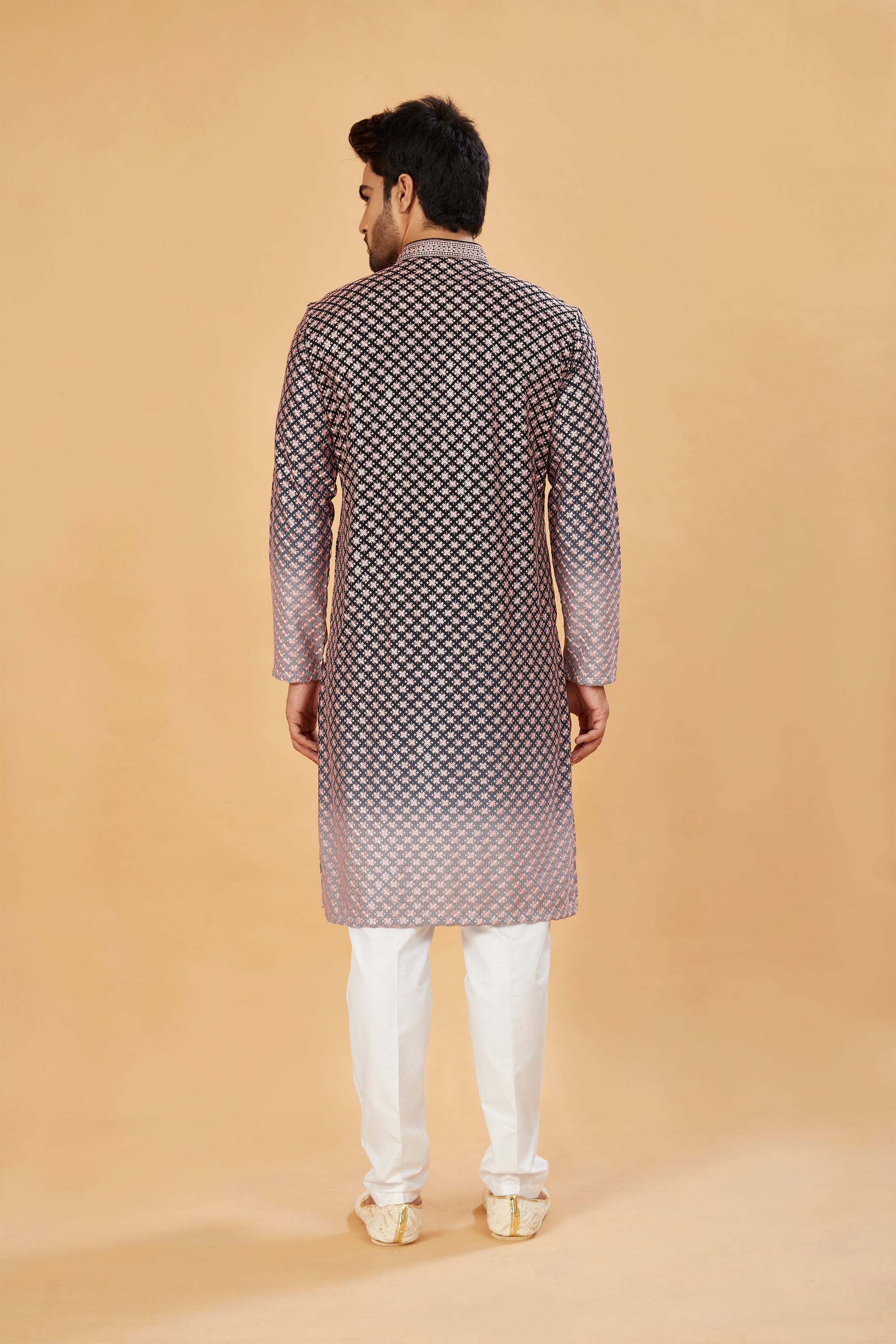 Black ombre kurta with pink embroidery