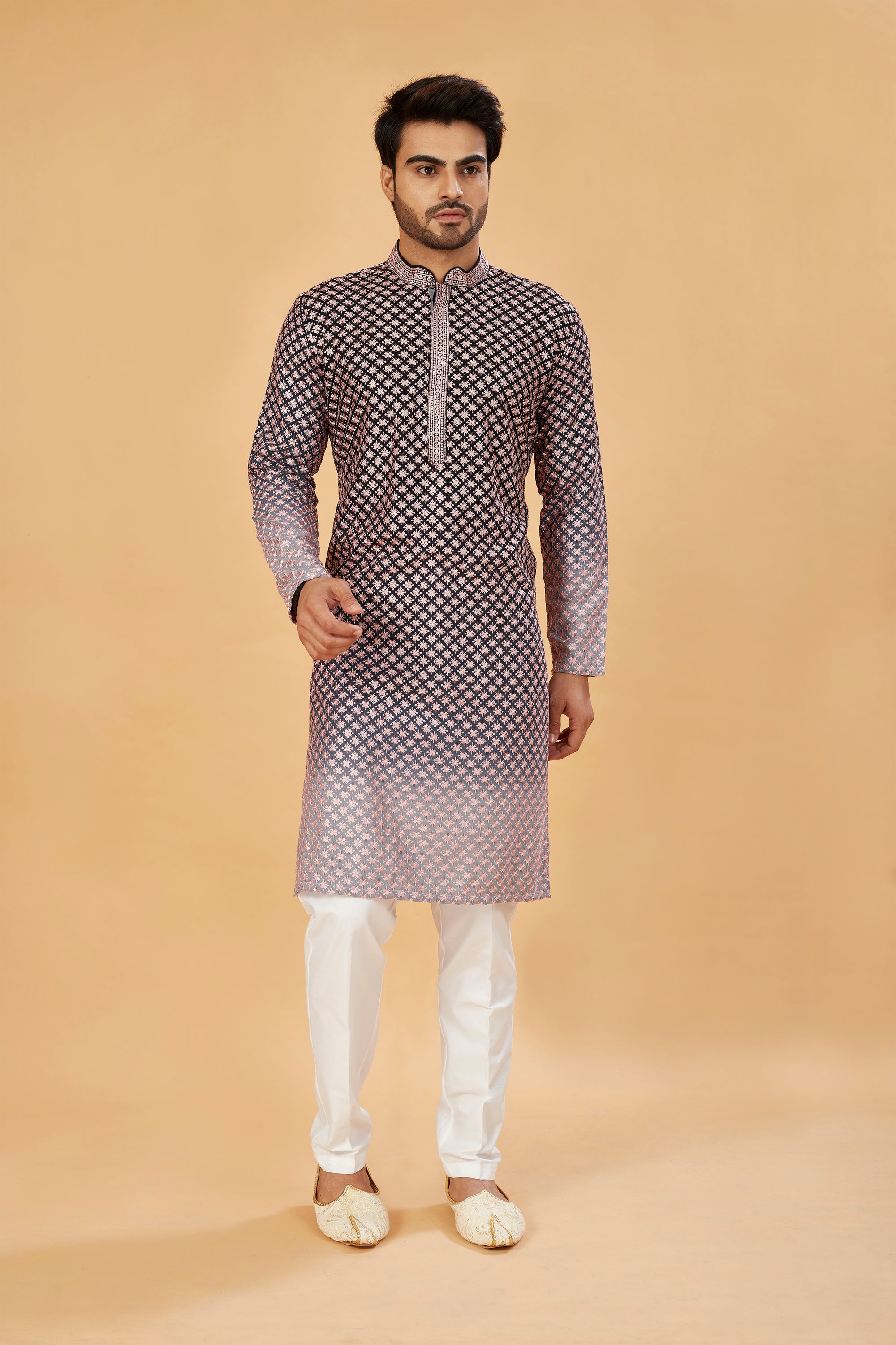 Black ombre kurta with pink embroidery