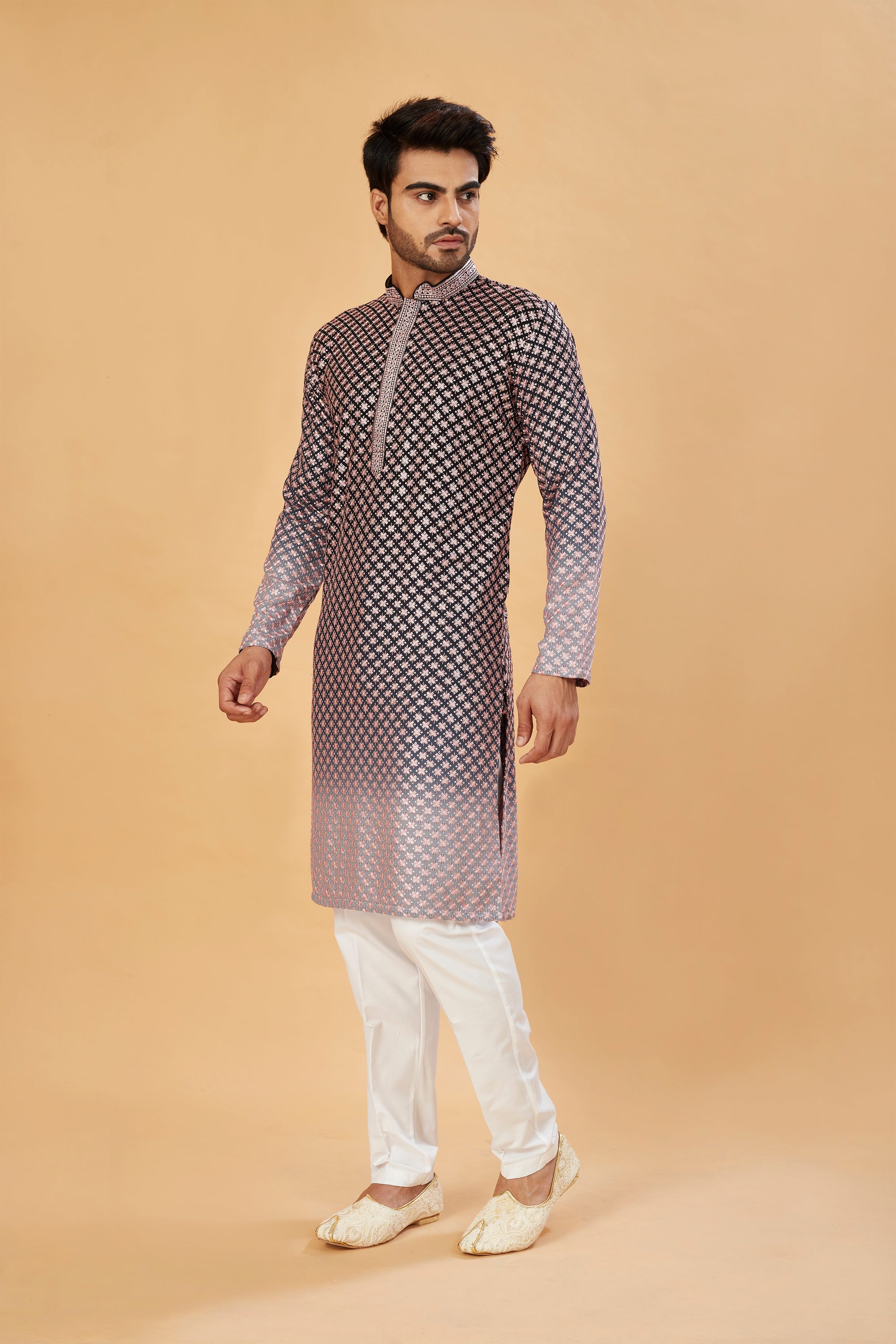 Black ombre kurta with pink embroidery