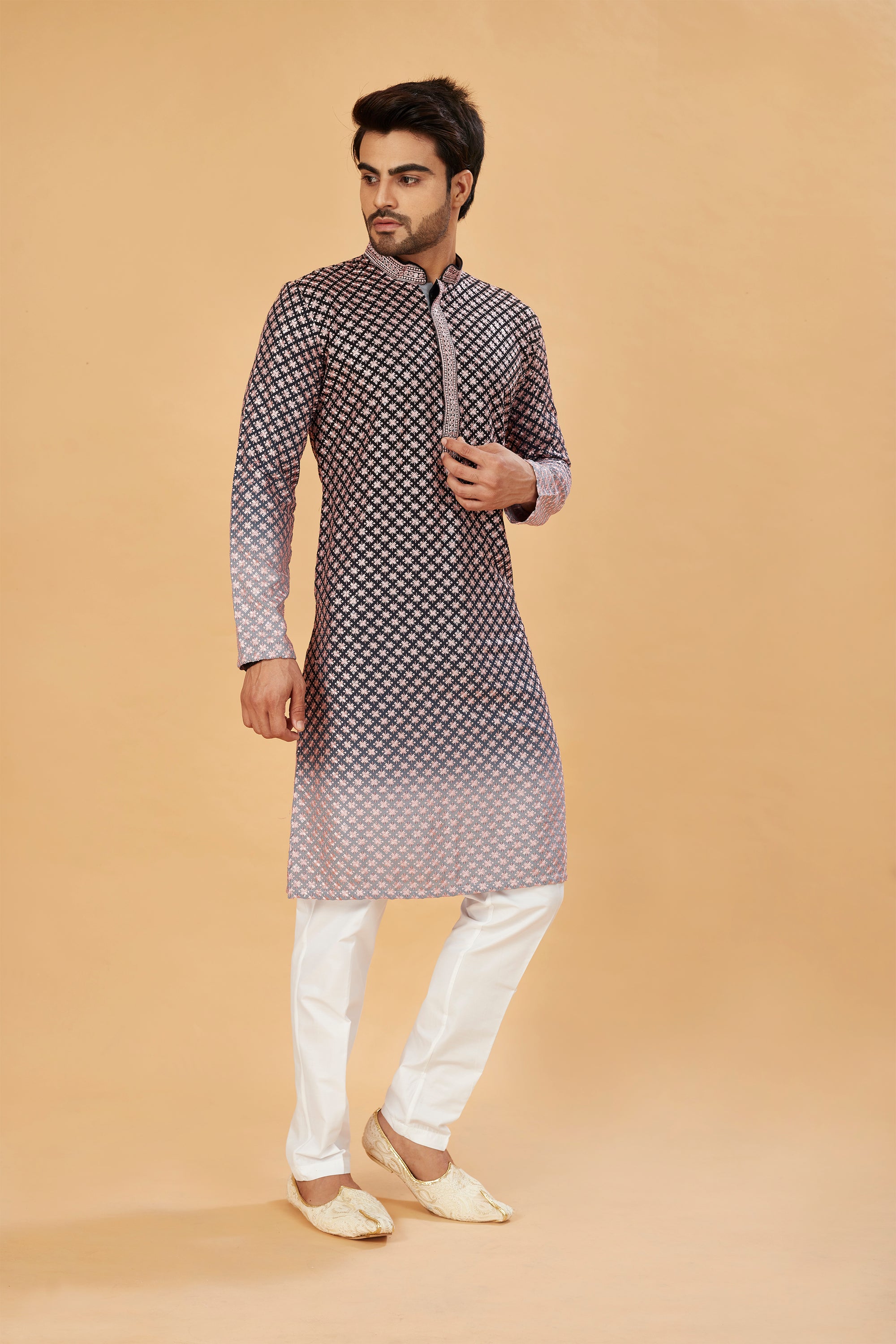Black ombre kurta with pink embroidery