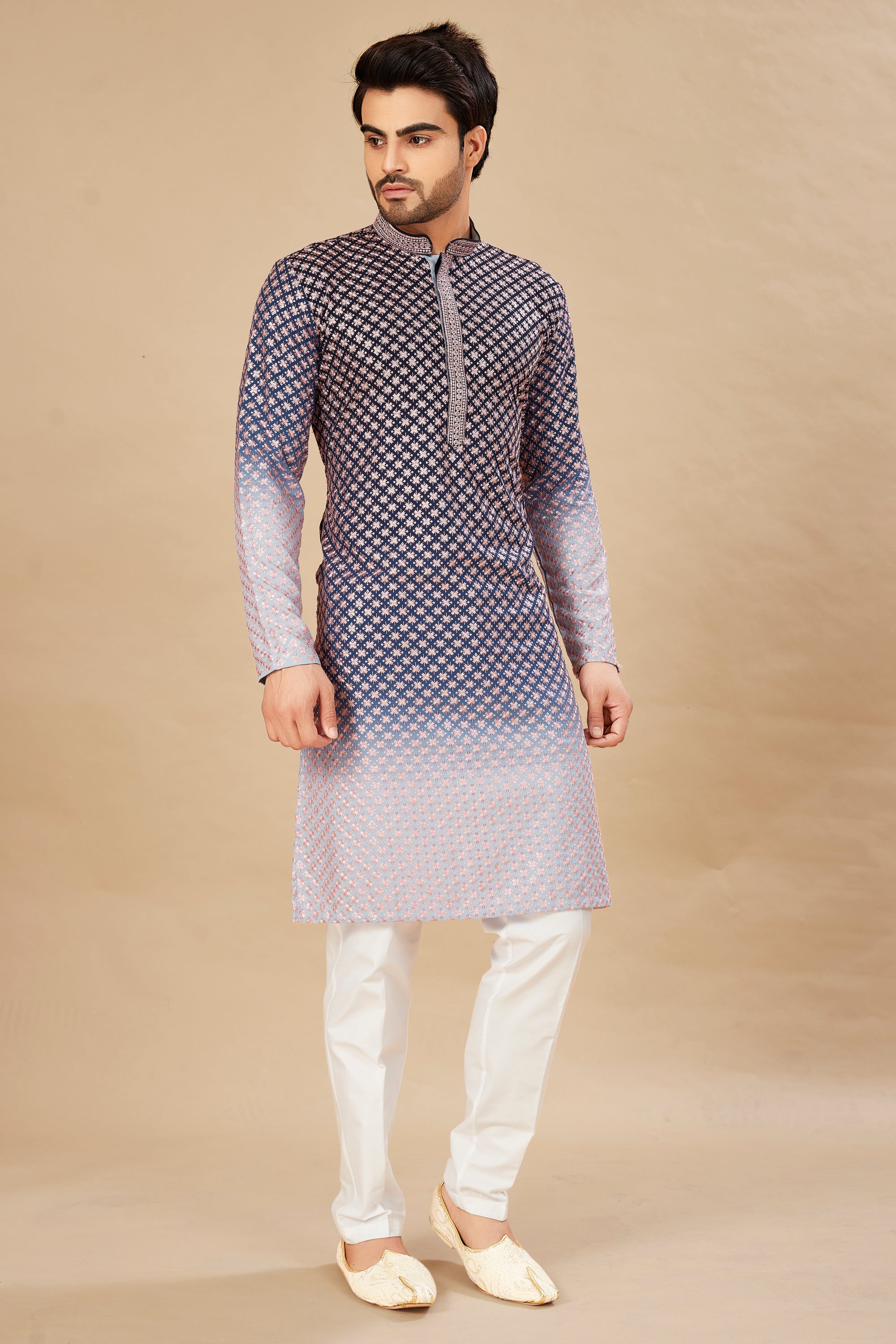 Navy blue ombre kurta with pink embroidery