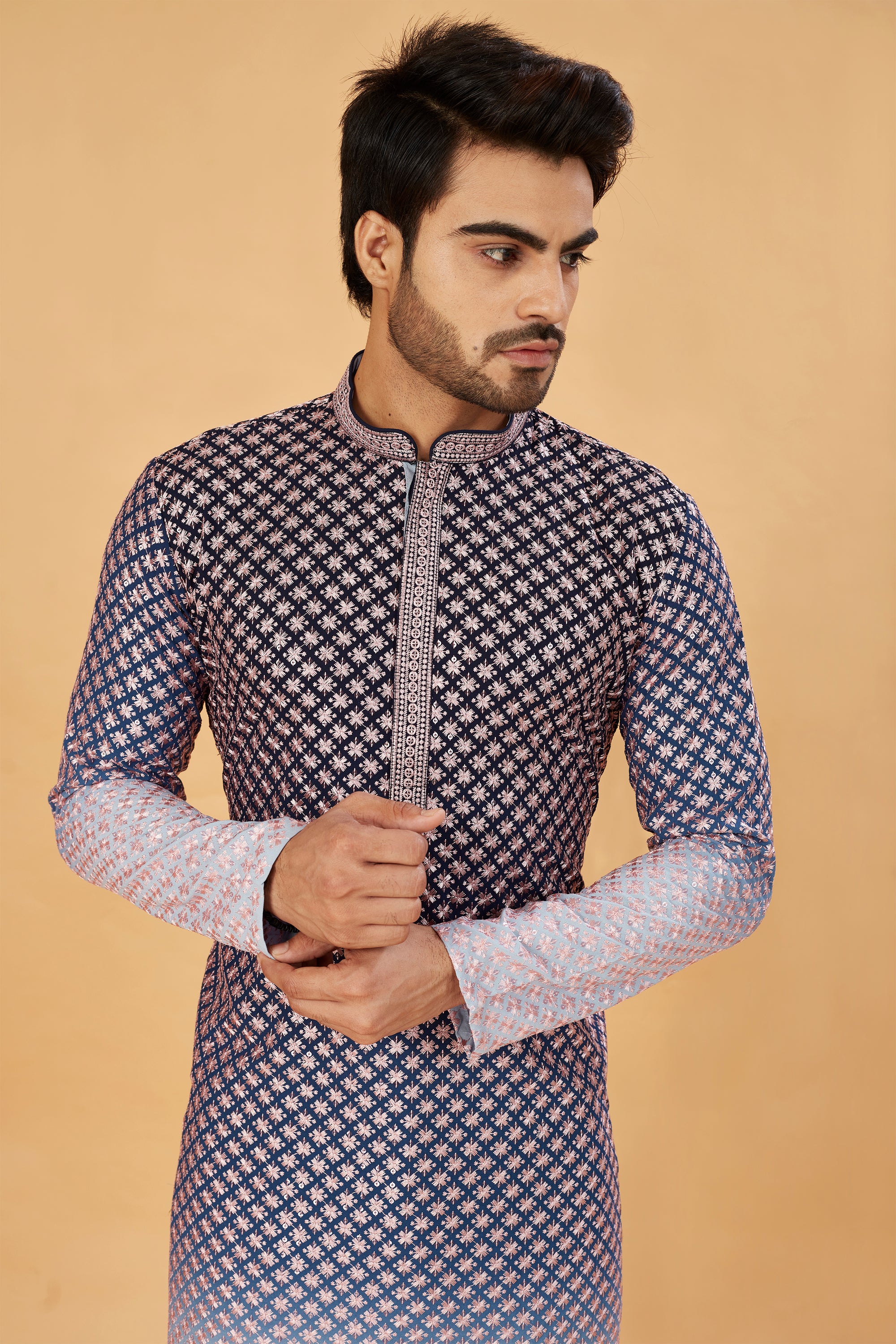 Navy blue ombre kurta with pink embroidery