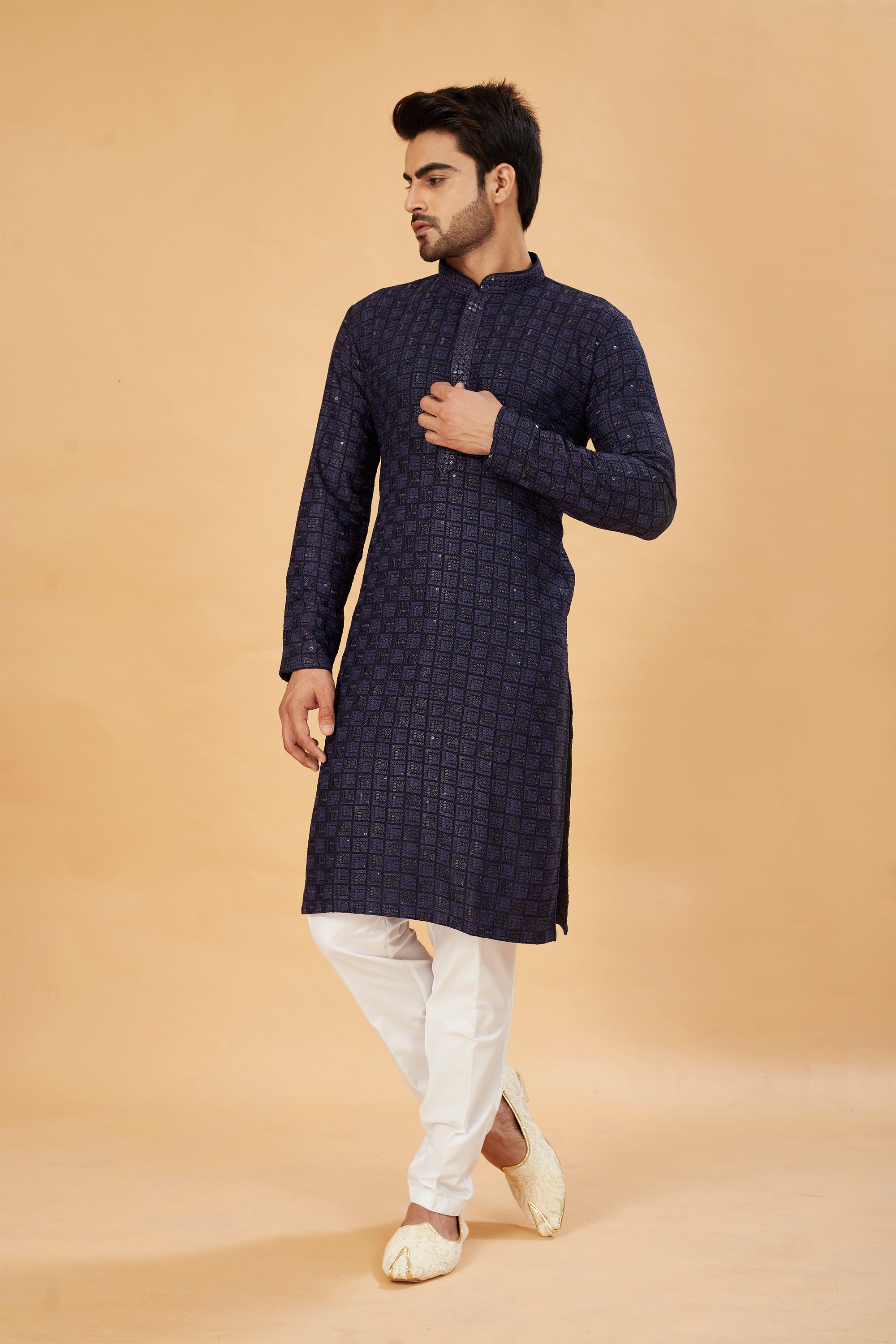 Navy Blue Embroidered Kurta