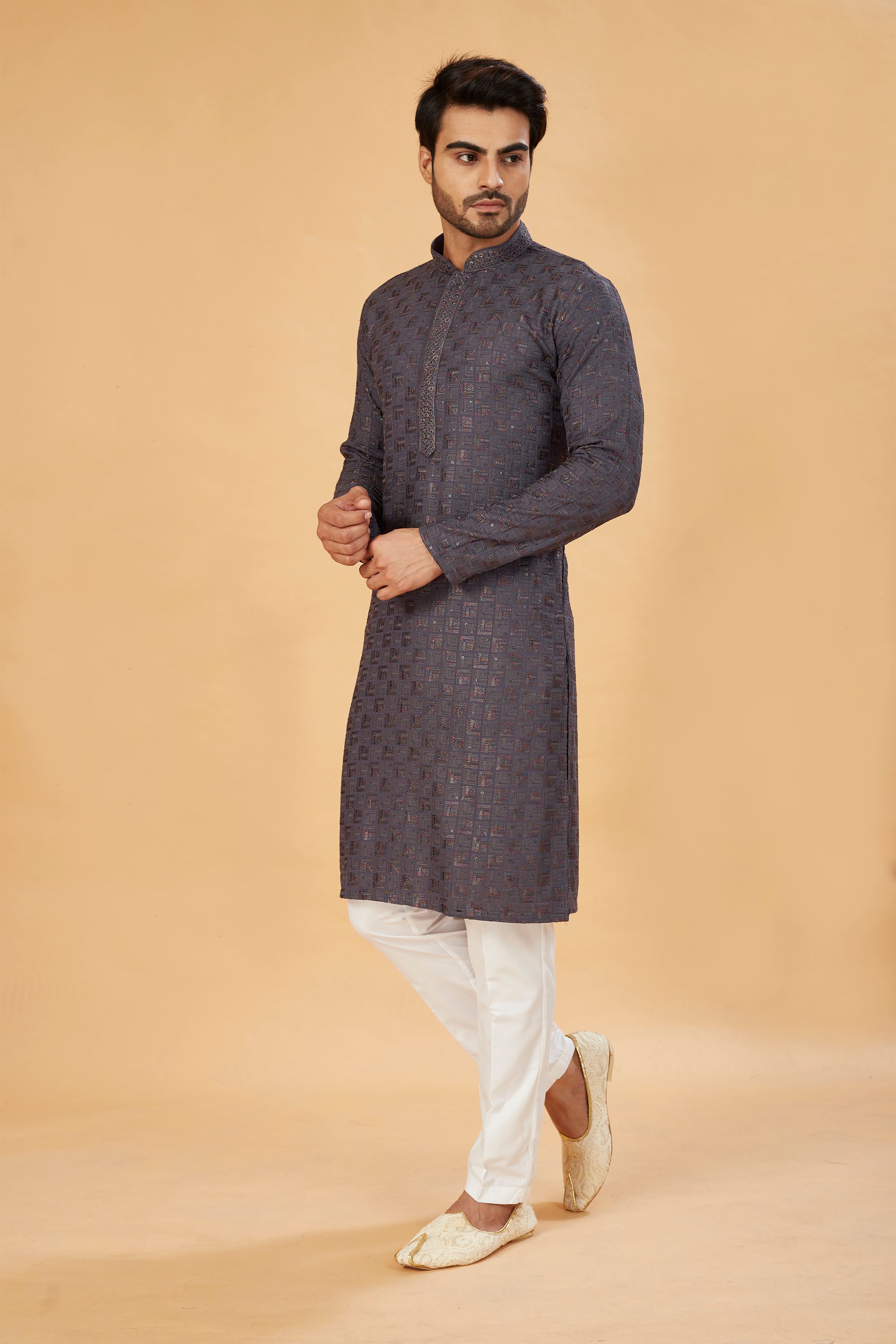 Charcoal Grey Embroidered Kurta