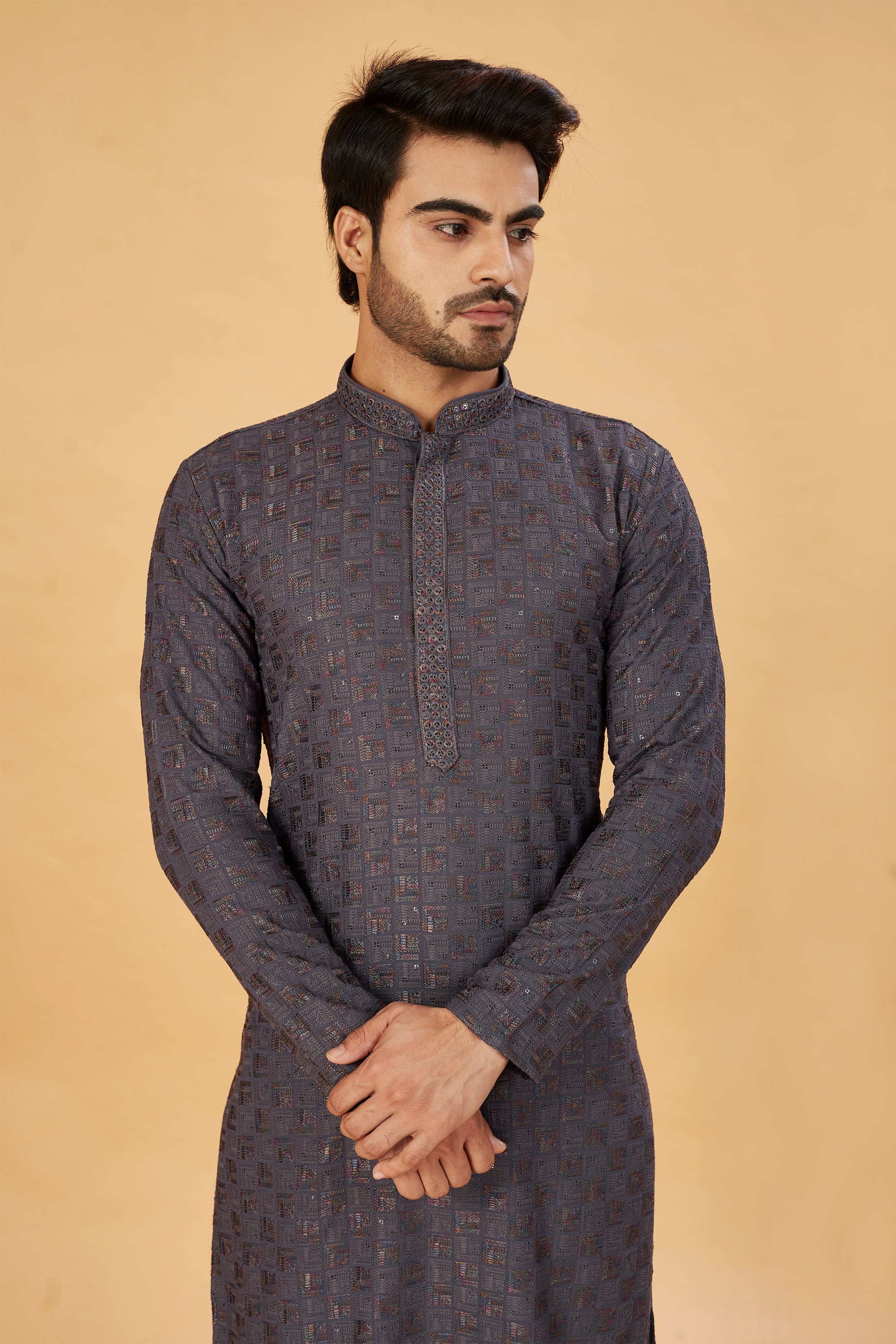 Charcoal Grey Embroidered Kurta