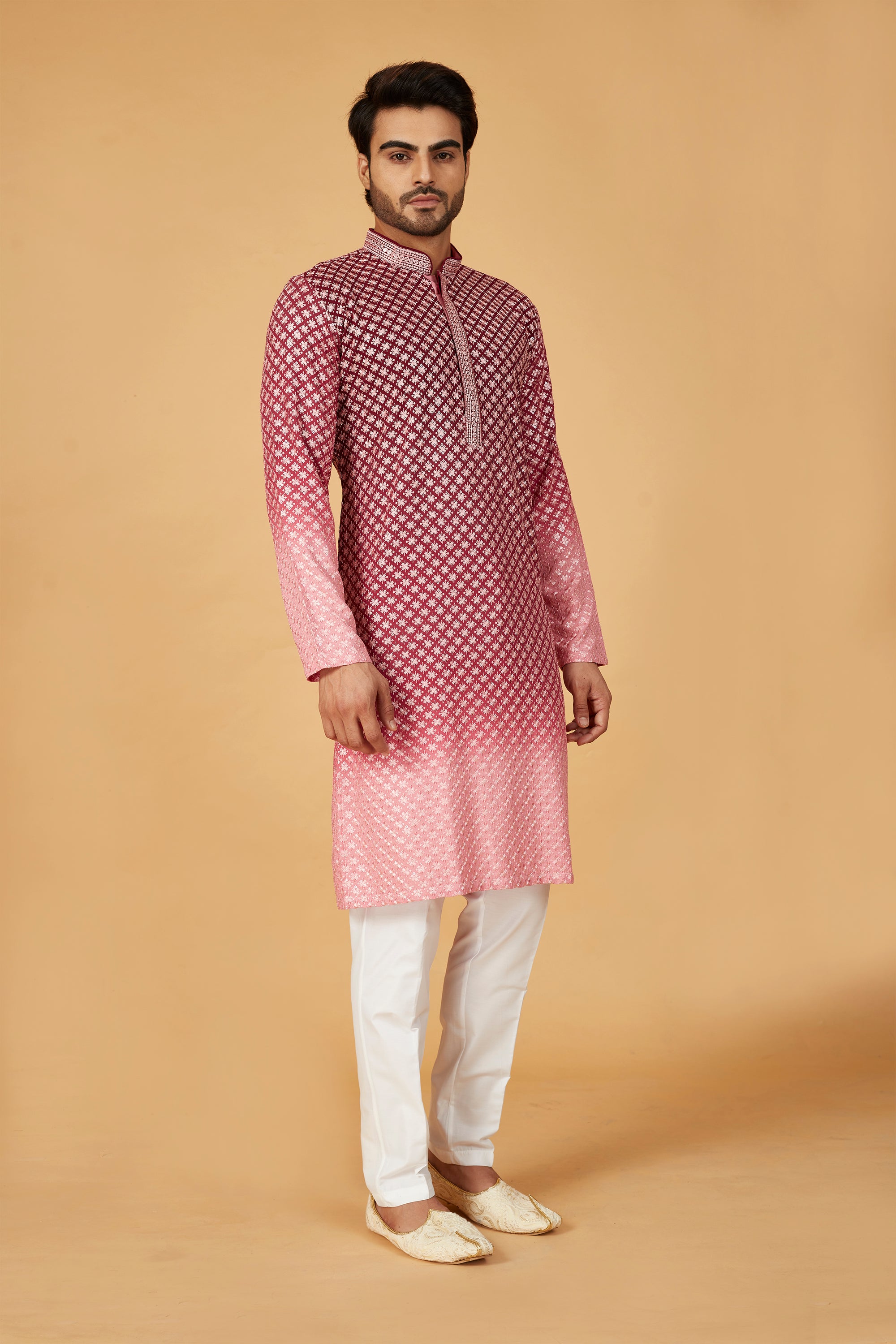 Maroon ombre kurta with pink embroidery