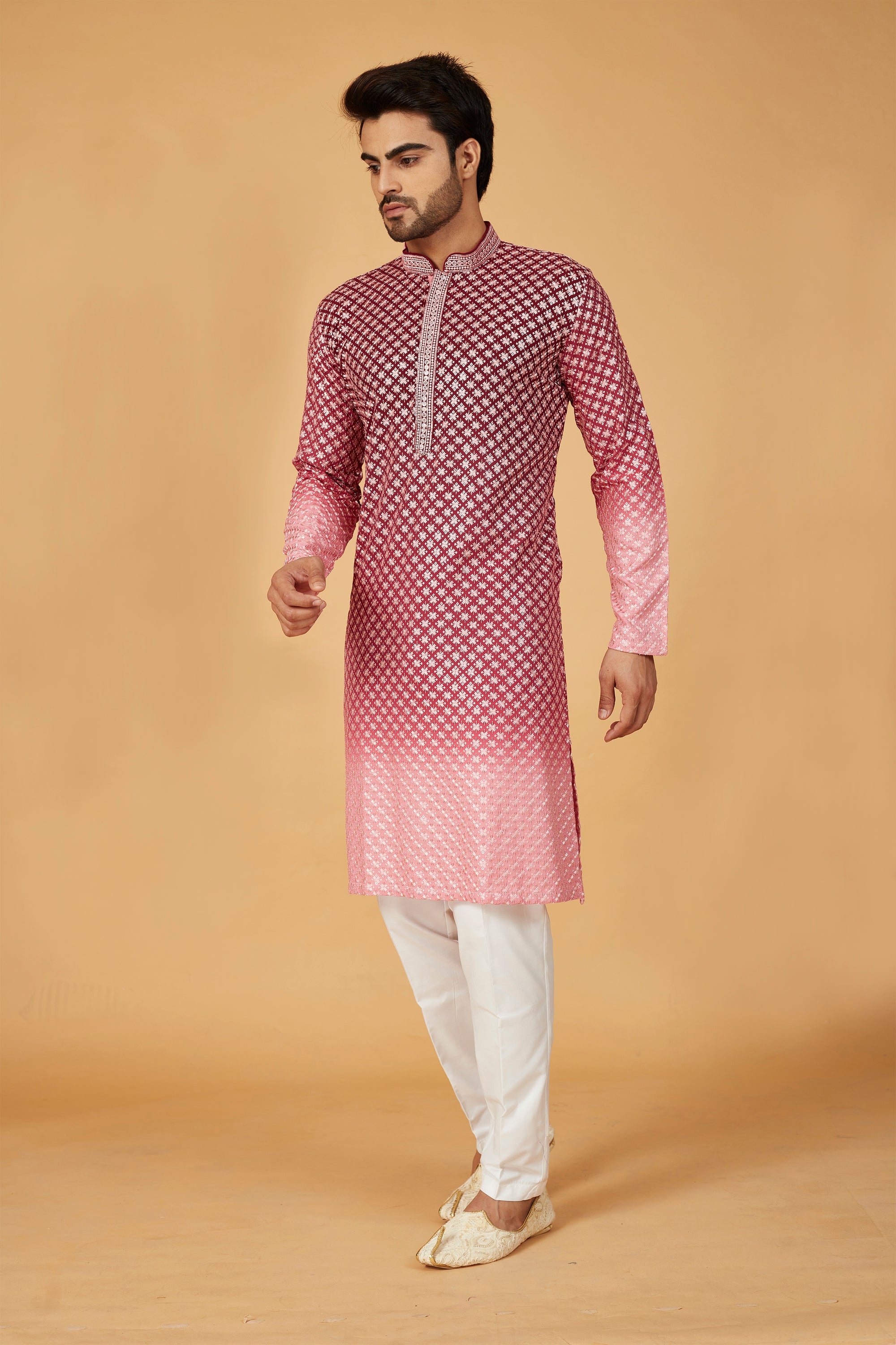 Maroon ombre kurta with pink embroidery