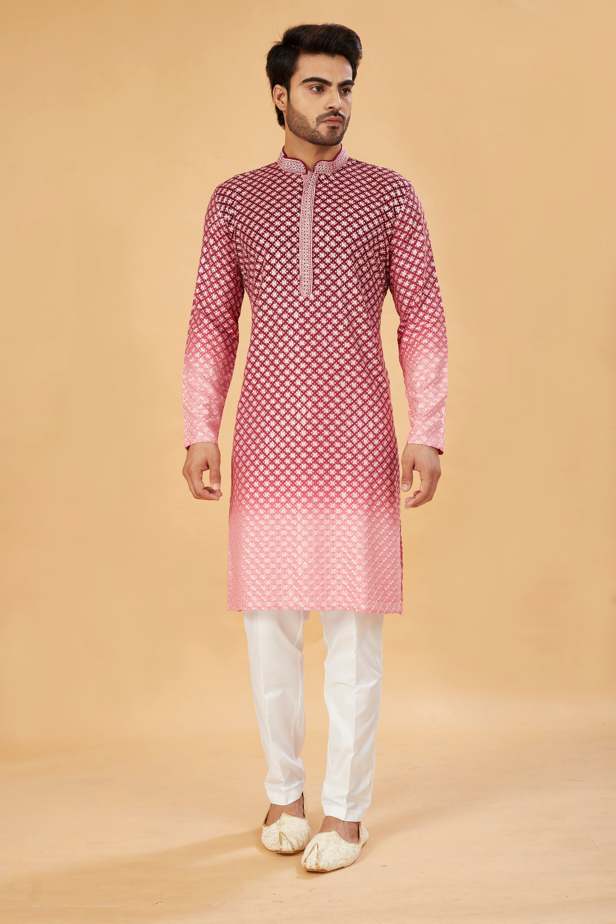Maroon ombre kurta with pink embroidery