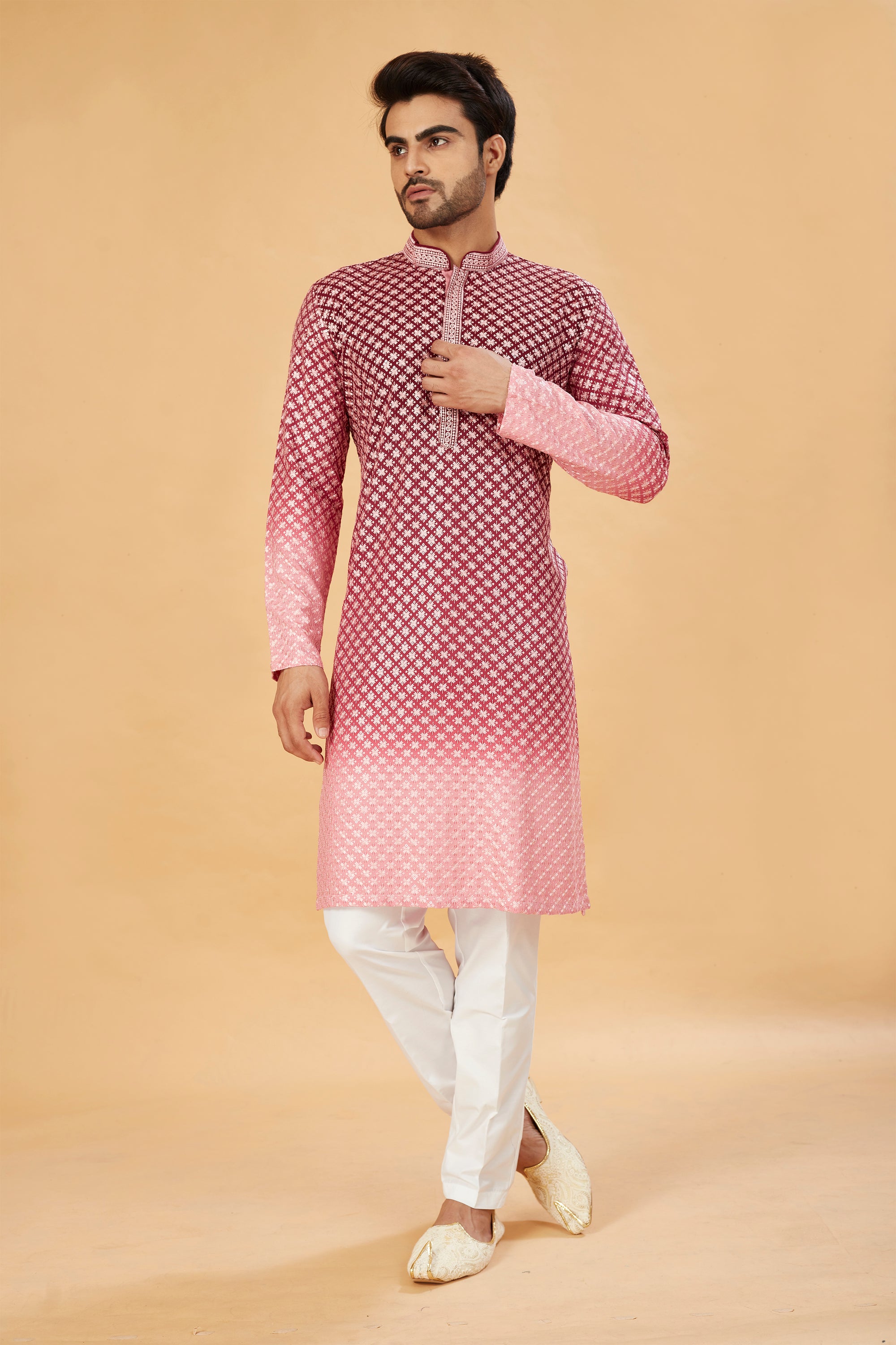 Maroon ombre kurta with pink embroidery