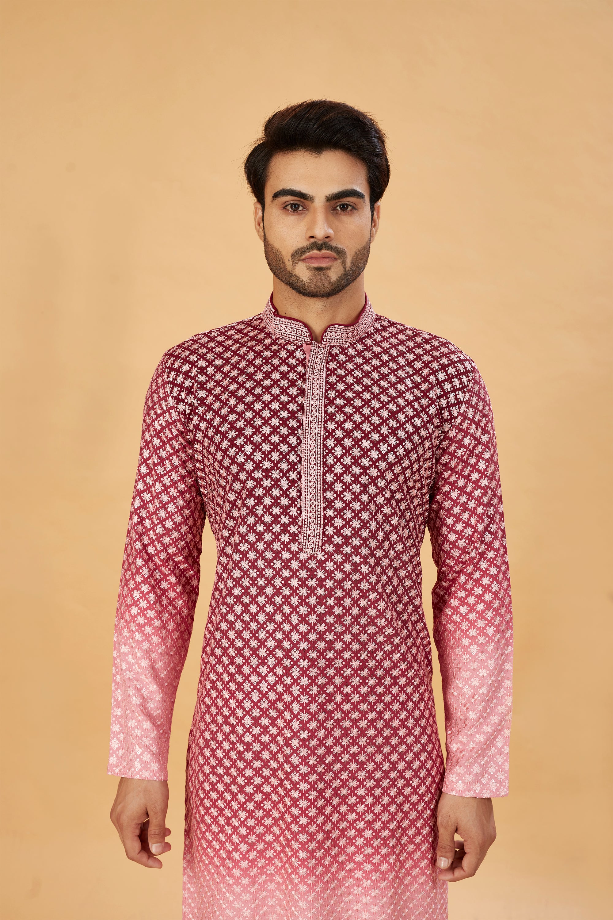 Maroon ombre kurta with pink embroidery