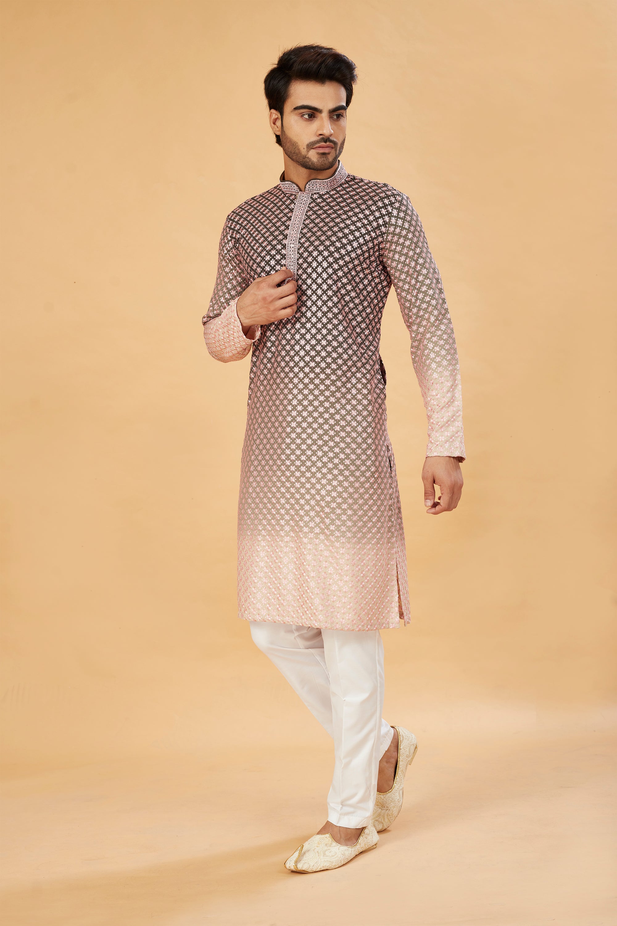 Green ombre kurta with pink embroidery