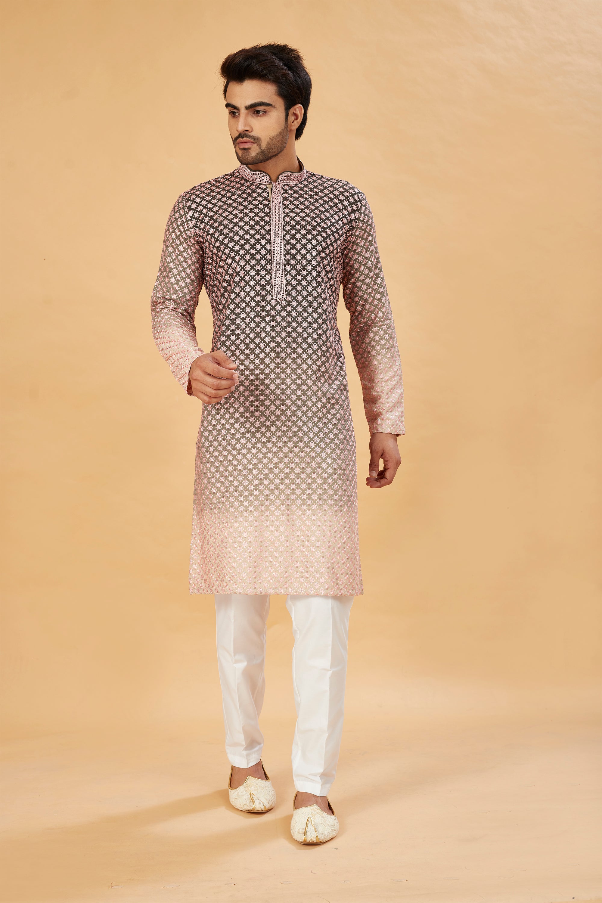 Green ombre kurta with pink embroidery