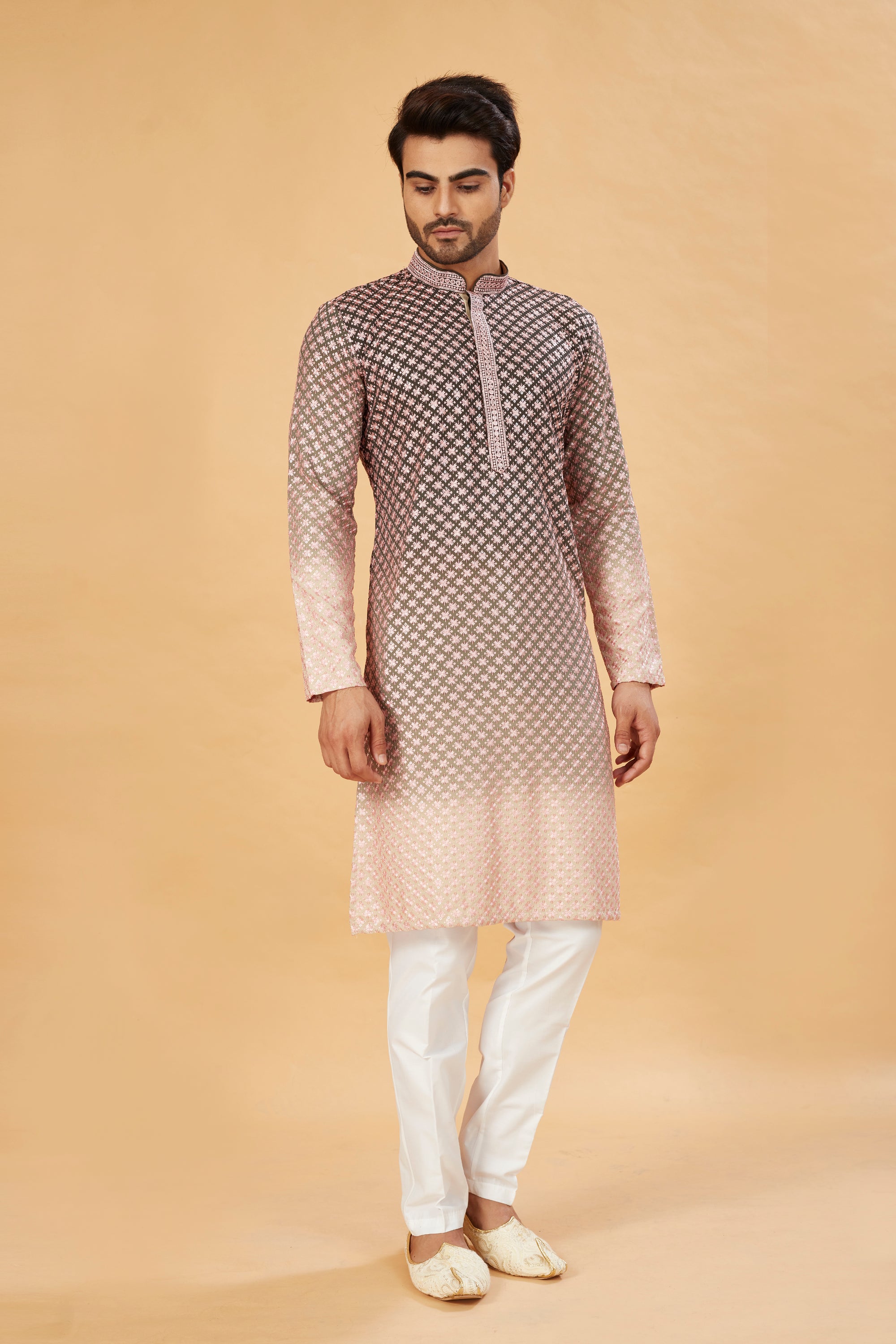 Green ombre kurta with pink embroidery