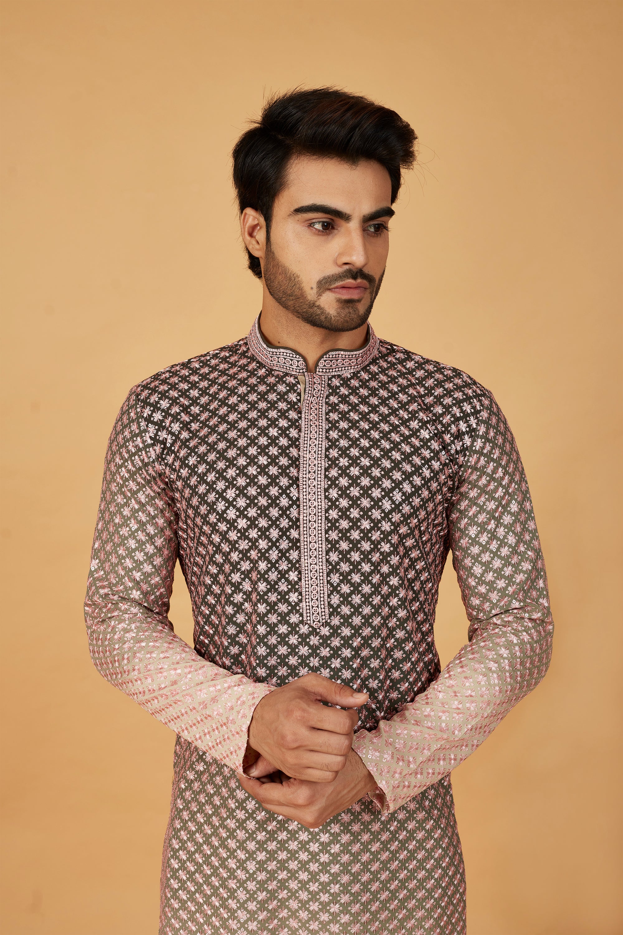 Green ombre kurta with pink embroidery