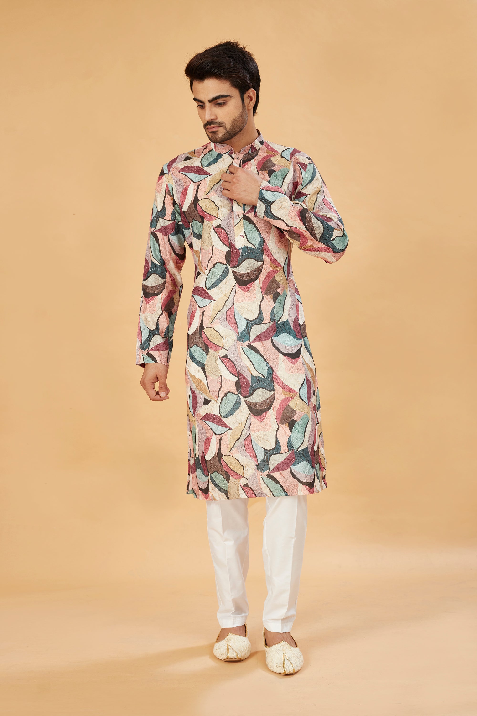 Multicolor Abstract Leaf Print Kurta