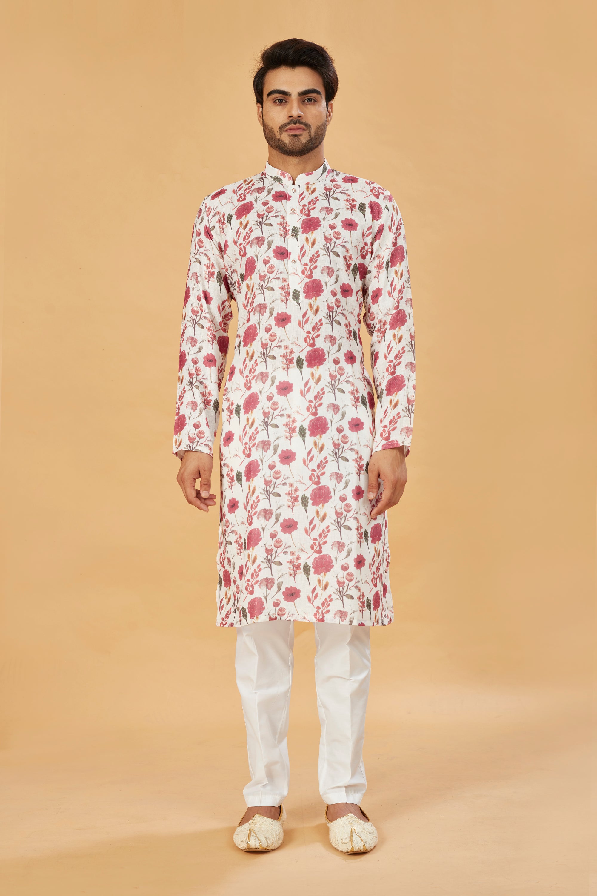 Ivory kurta with pink floral print