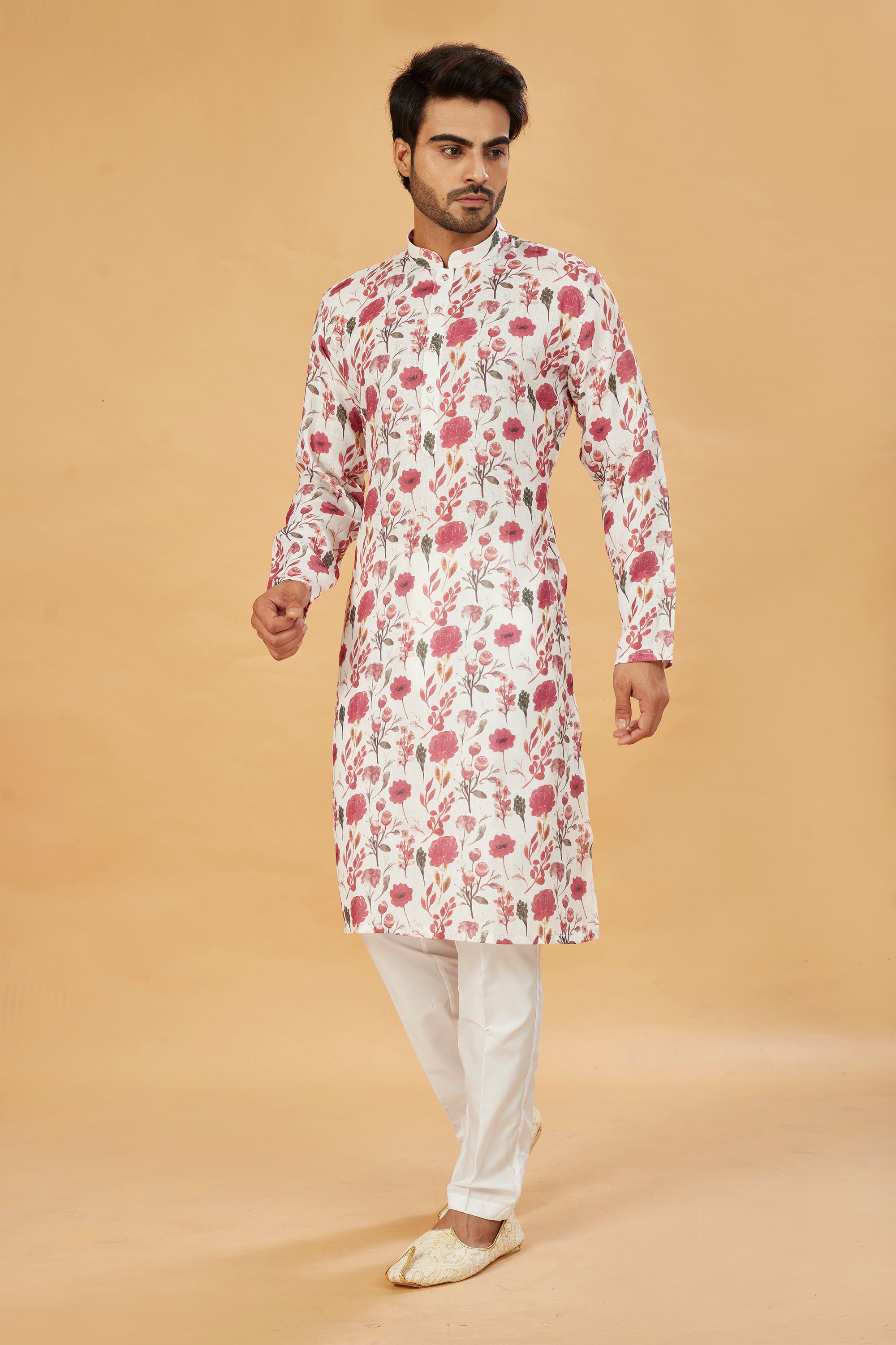 Ivory kurta with pink floral print