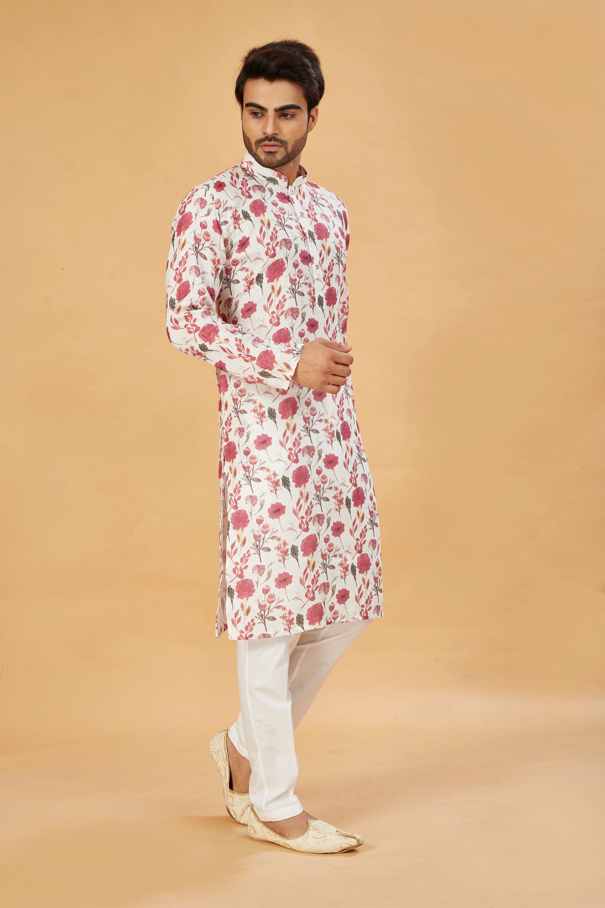Ivory kurta with pink floral print