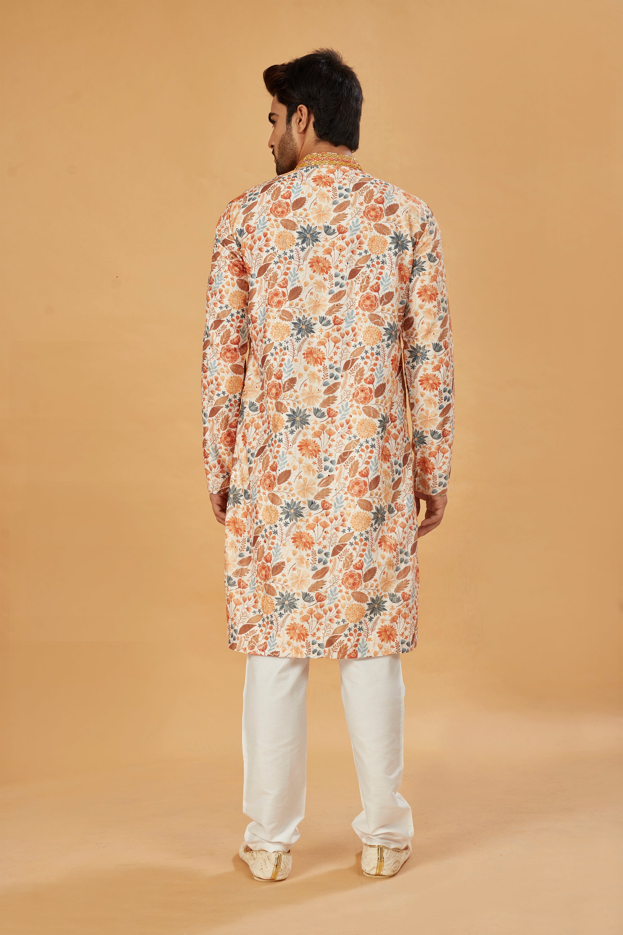 Mustard Floral Print Kurta with Embellished Collar