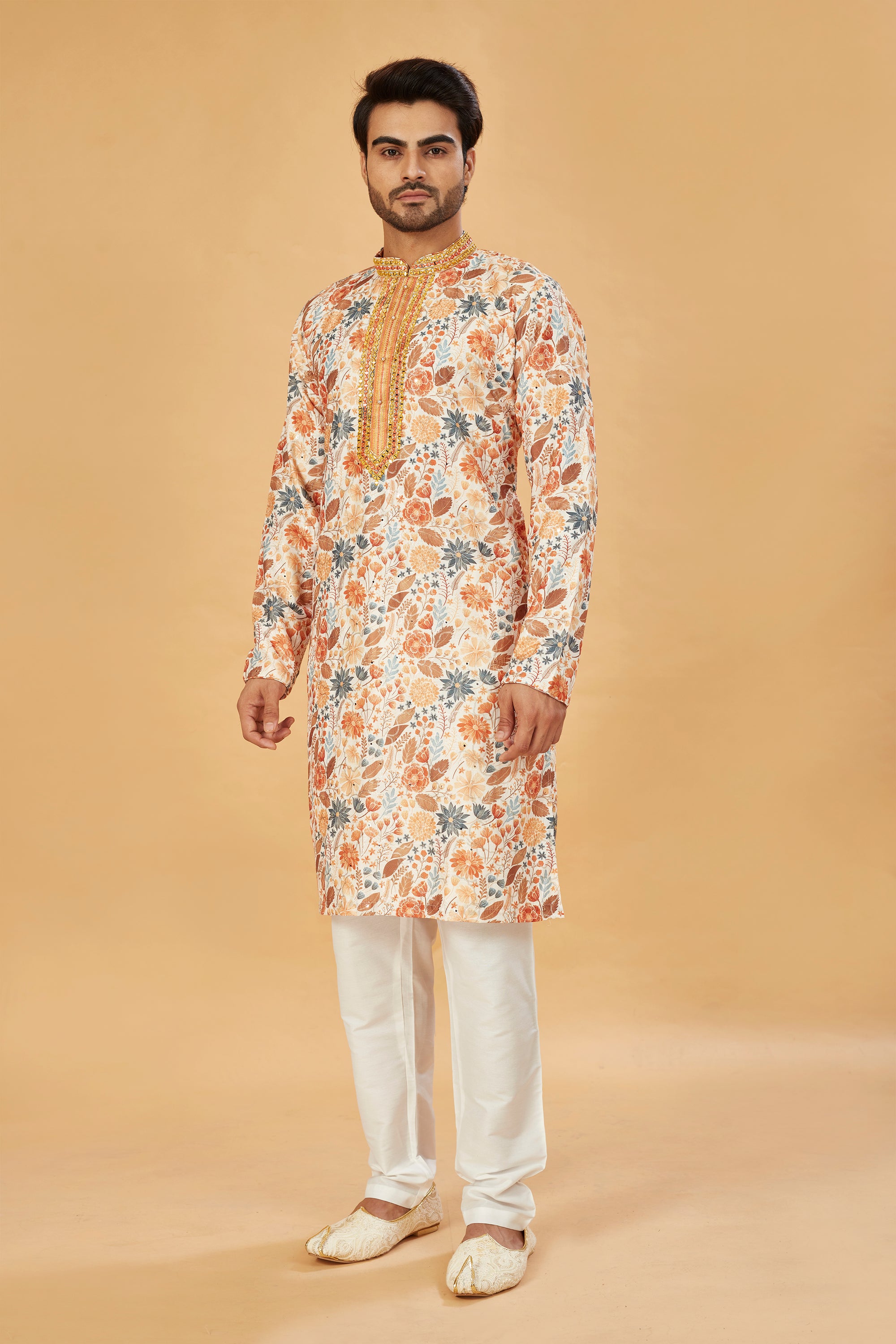 Mustard Floral Print Kurta with Embellished Collar