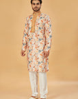 Mustard Floral Print Kurta with Embellished Collar