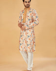 Mustard Floral Print Kurta with Embellished Collar