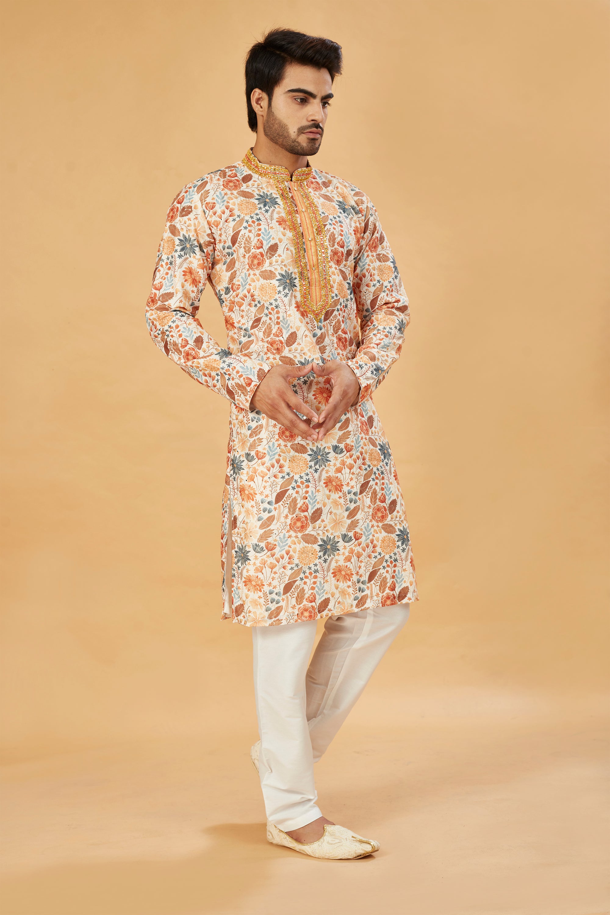 Mustard Floral Print Kurta with Embellished Collar